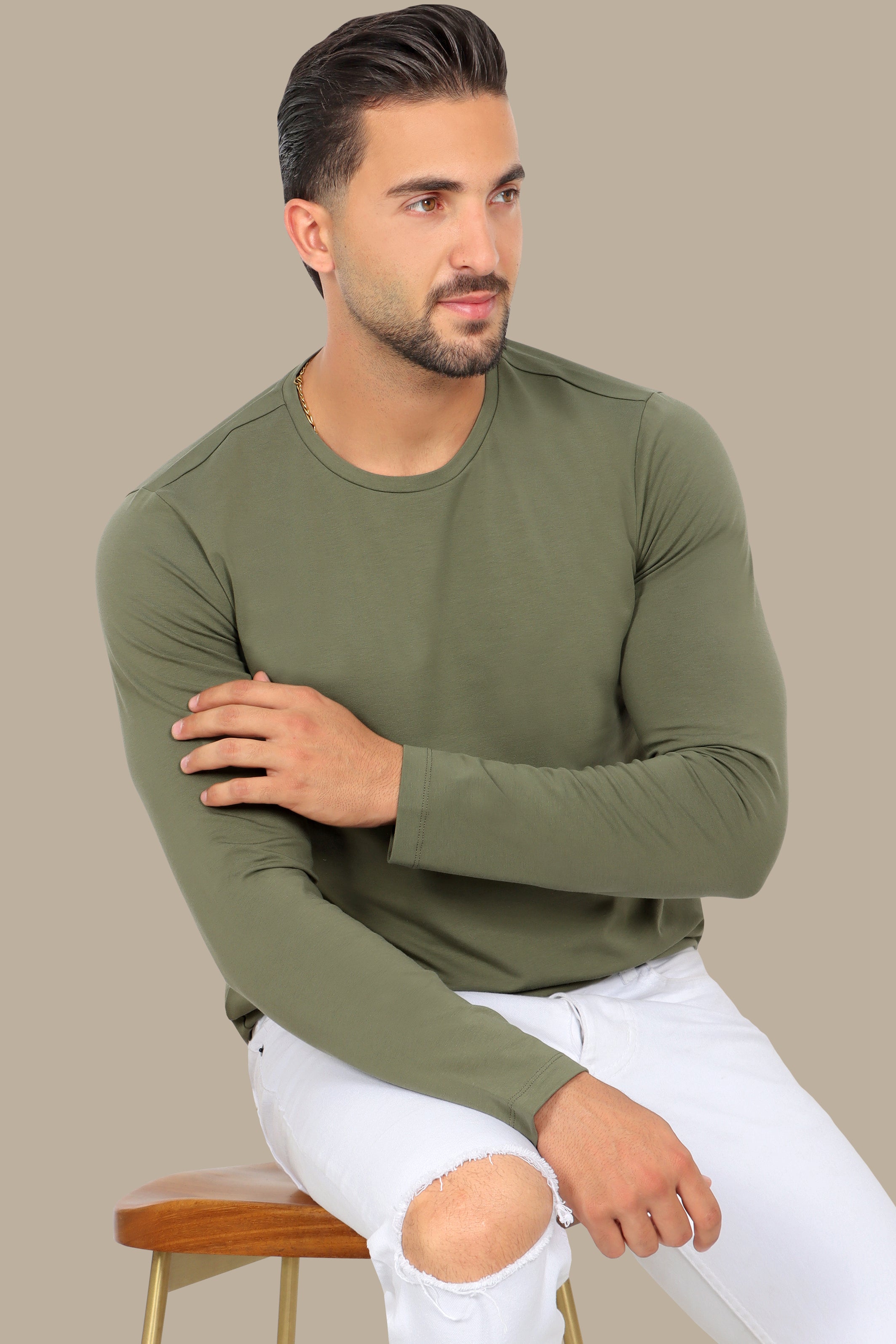 Khaki Long Sleeve Round Neck Top