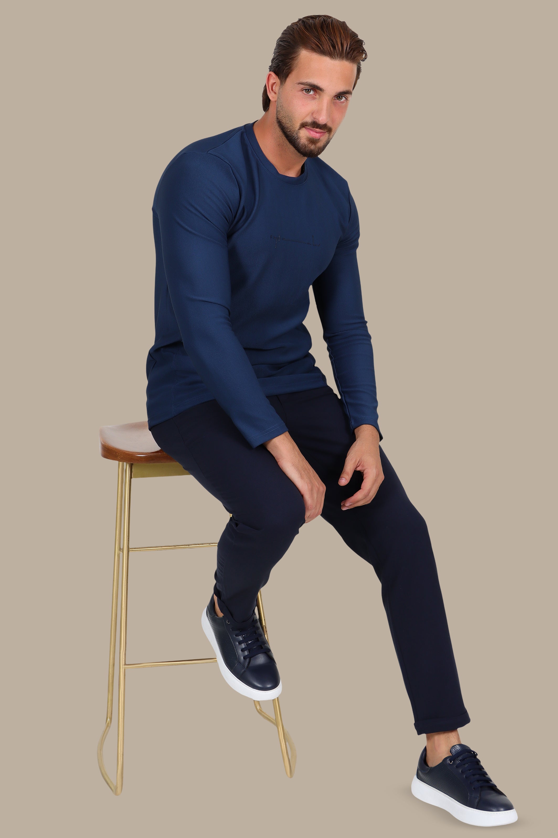 Blue “September” Diagonal-Textured Long Sleeve