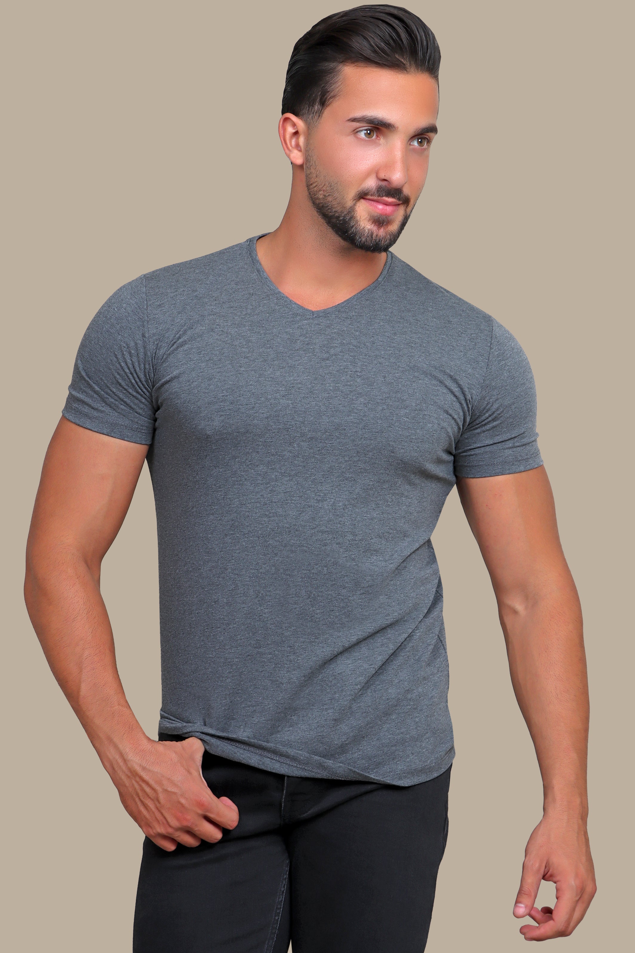 Urban Edge: Dark Grey Delight in Short Sleeve Basic V-Neck