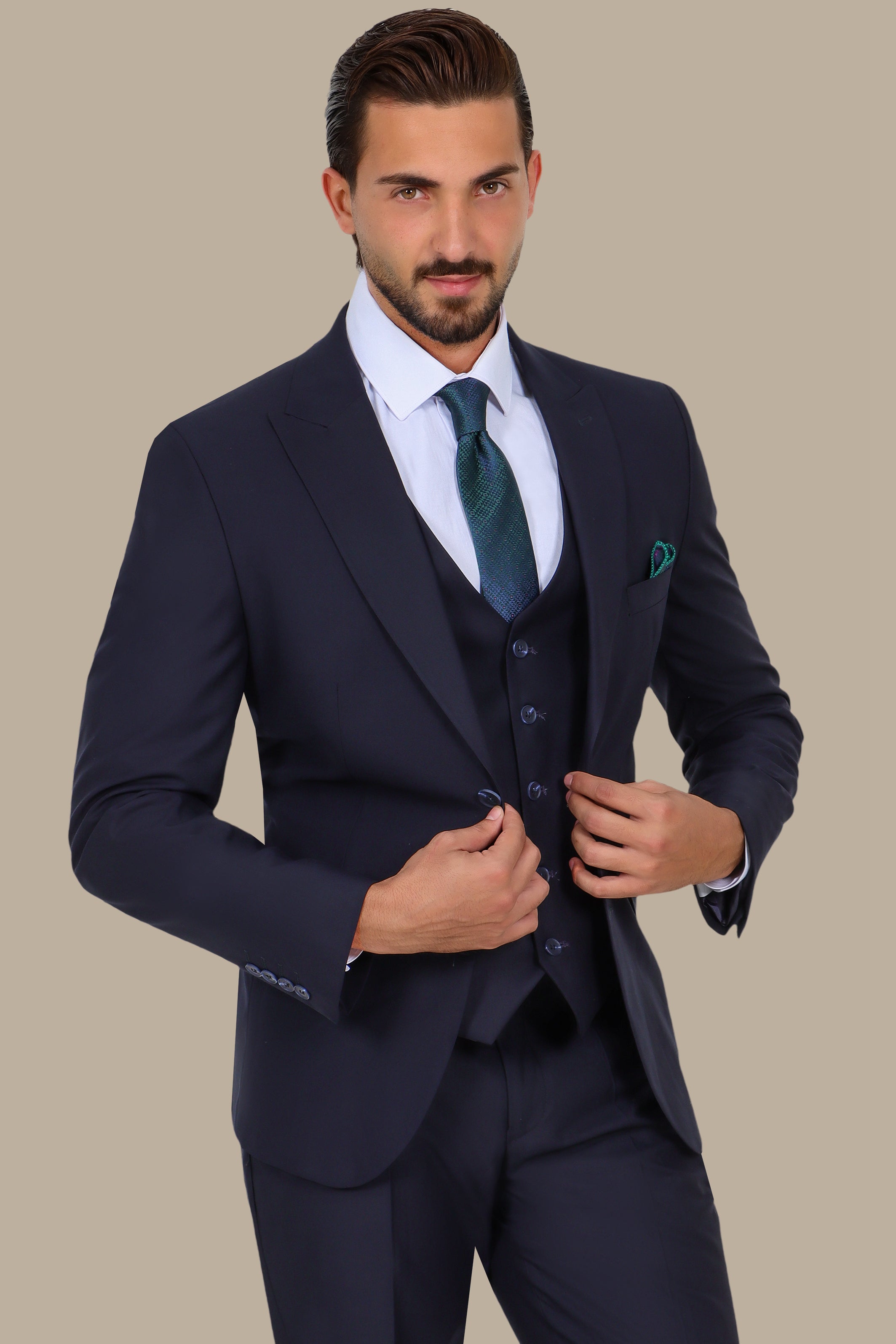 Dark Navy 3-Piece Peak Lapel Suit