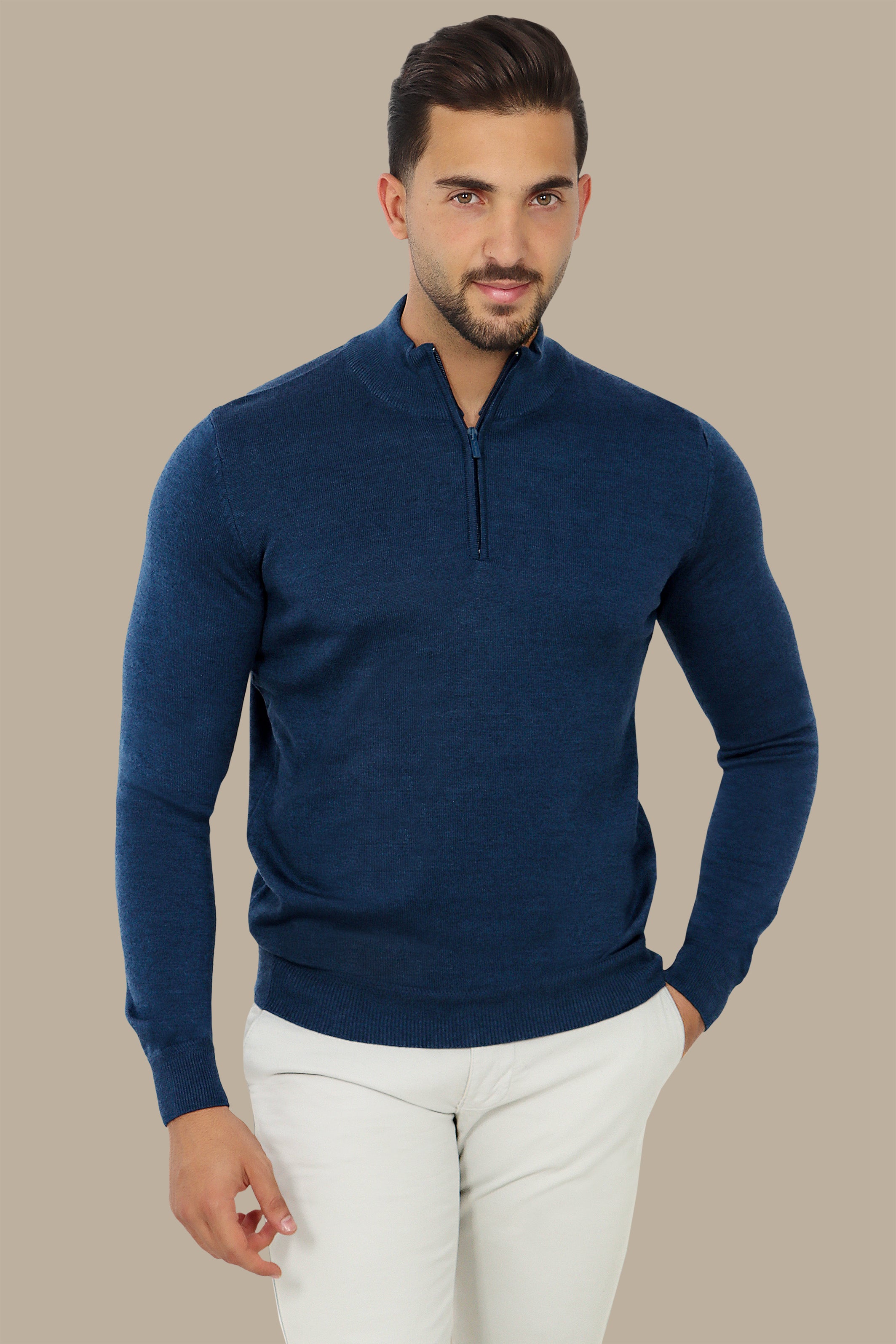 Blue Cotton Sweater with Half Zipper