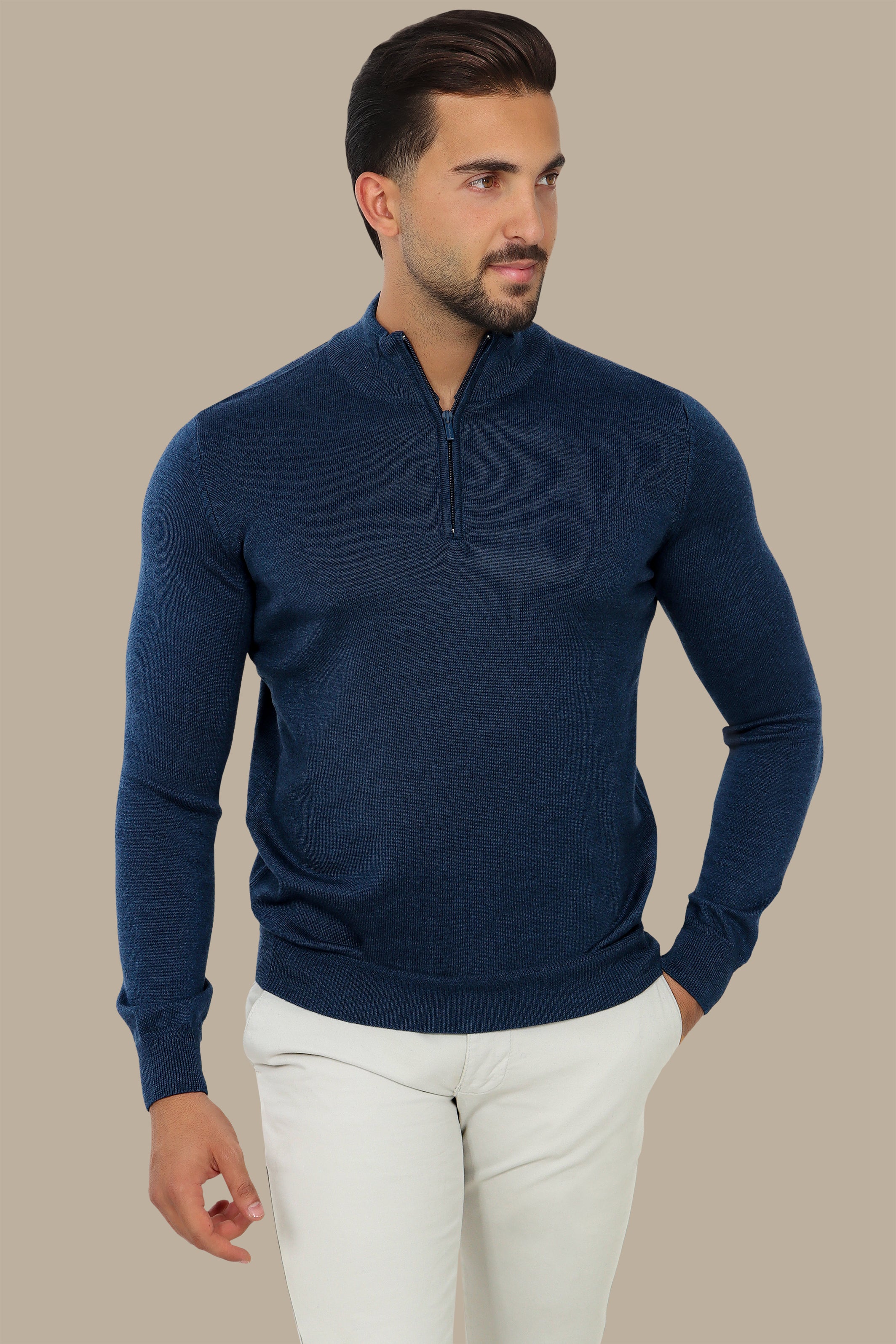 Blue Cotton Sweater with Half Zipper