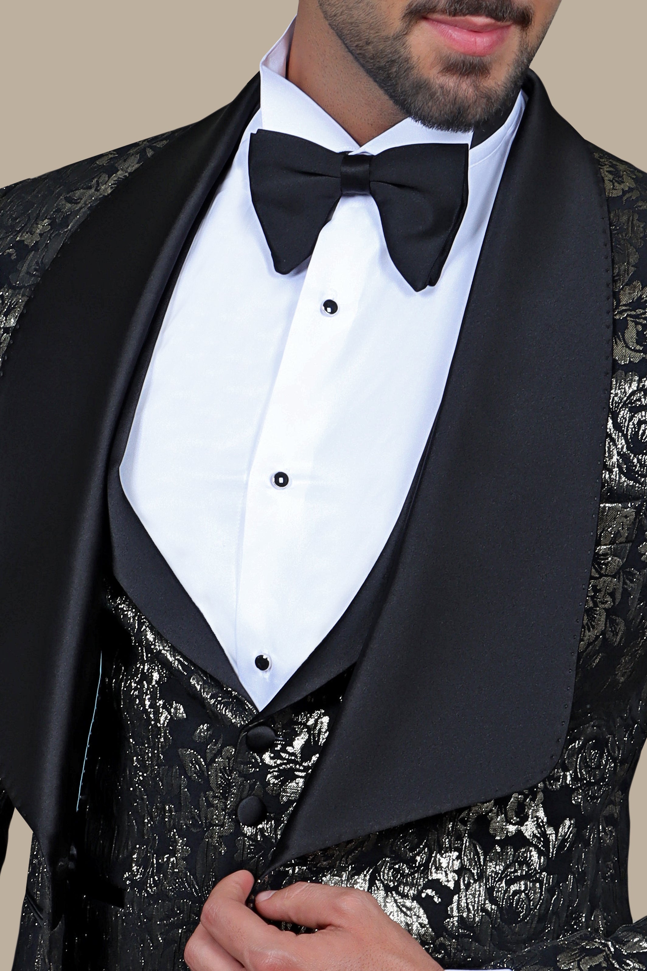 4 Pieces Gold Jacquard Tuxedo with Wide Col Chale