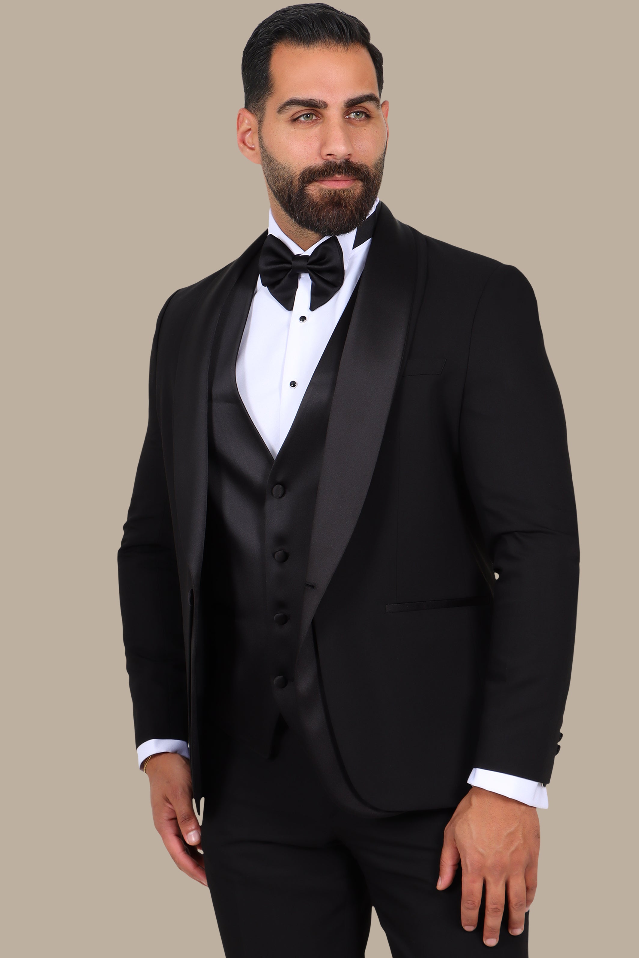 Black 4-Piece Tuxedo with Double Shawl Collar and Satin Trim