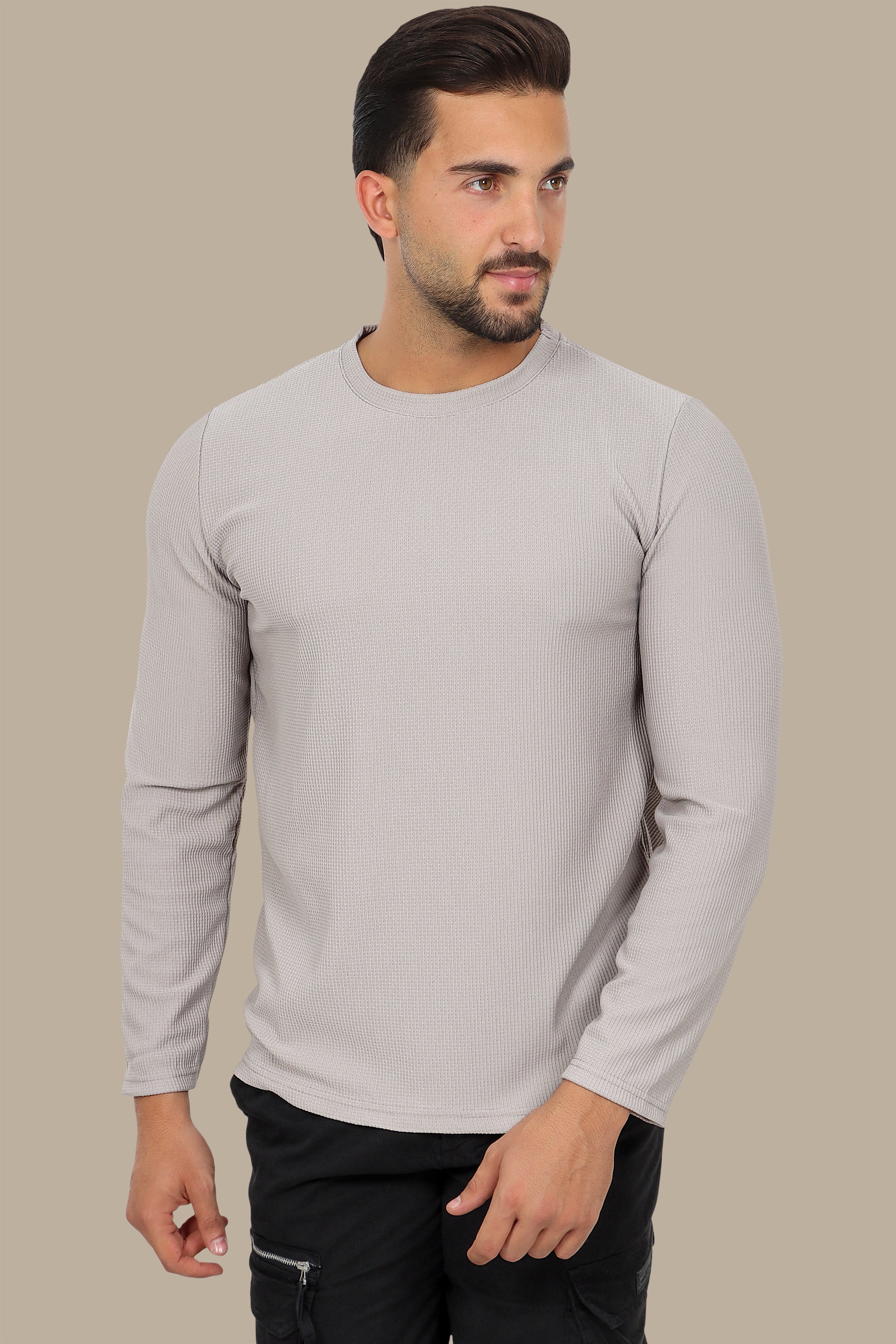 Grey Round Neck Sweater with Structured Sleeves