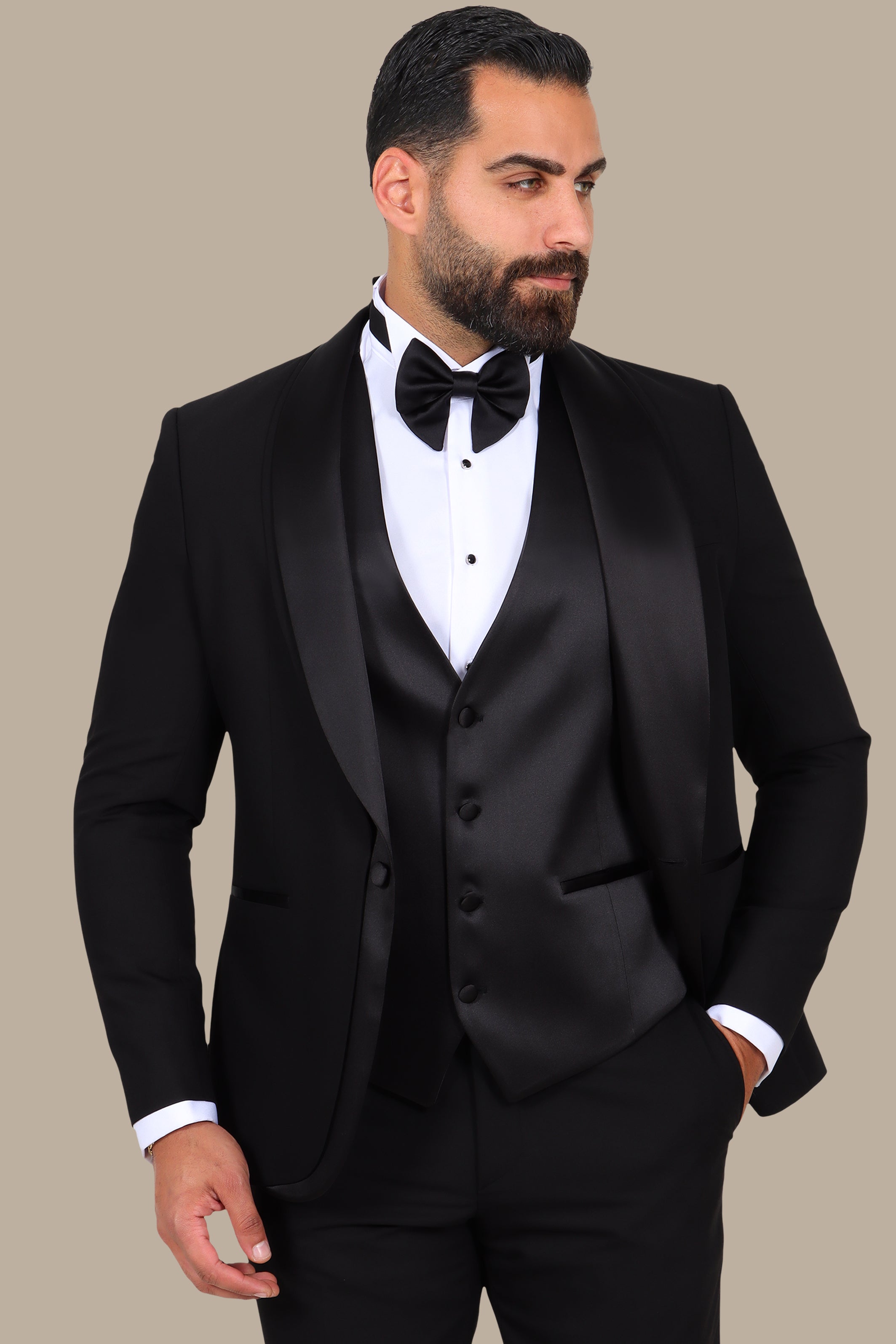 Black 4-Piece Tuxedo with Double Shawl Collar and Satin Trim
