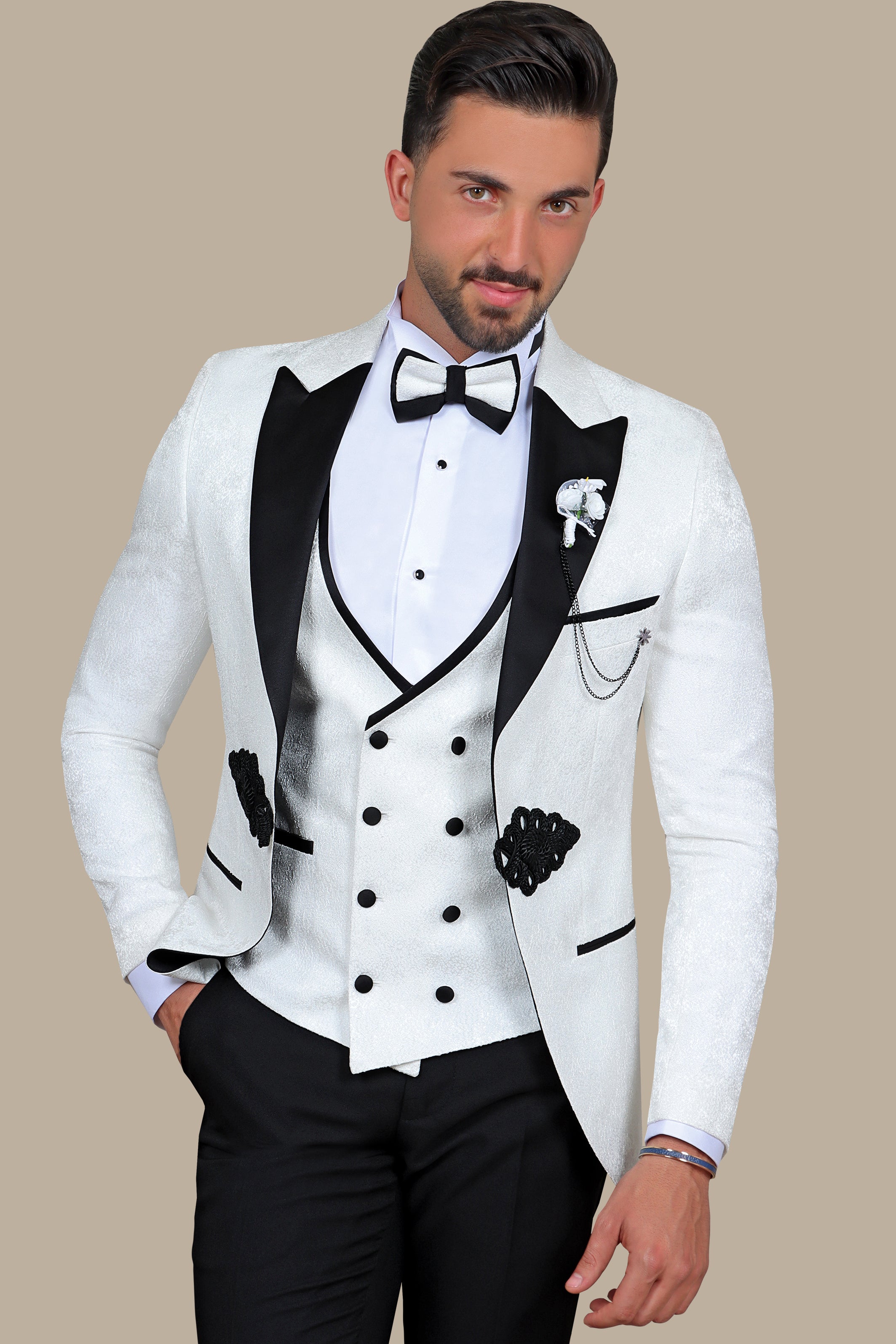 White Jacquard Peak Lapel Tuxedo Set with Crochet Detail