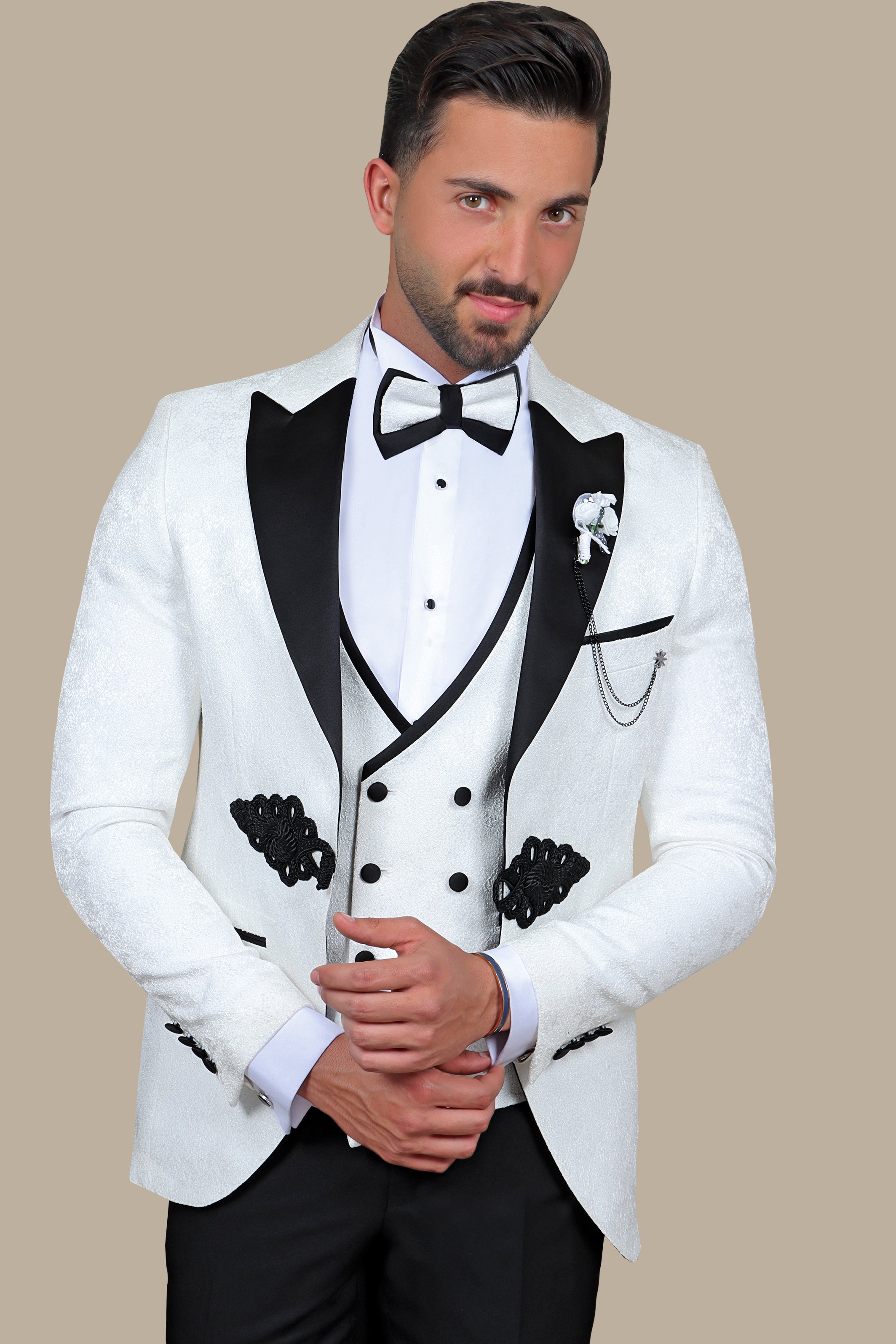 White Jacquard Peak Lapel Tuxedo Set with Crochet Detail