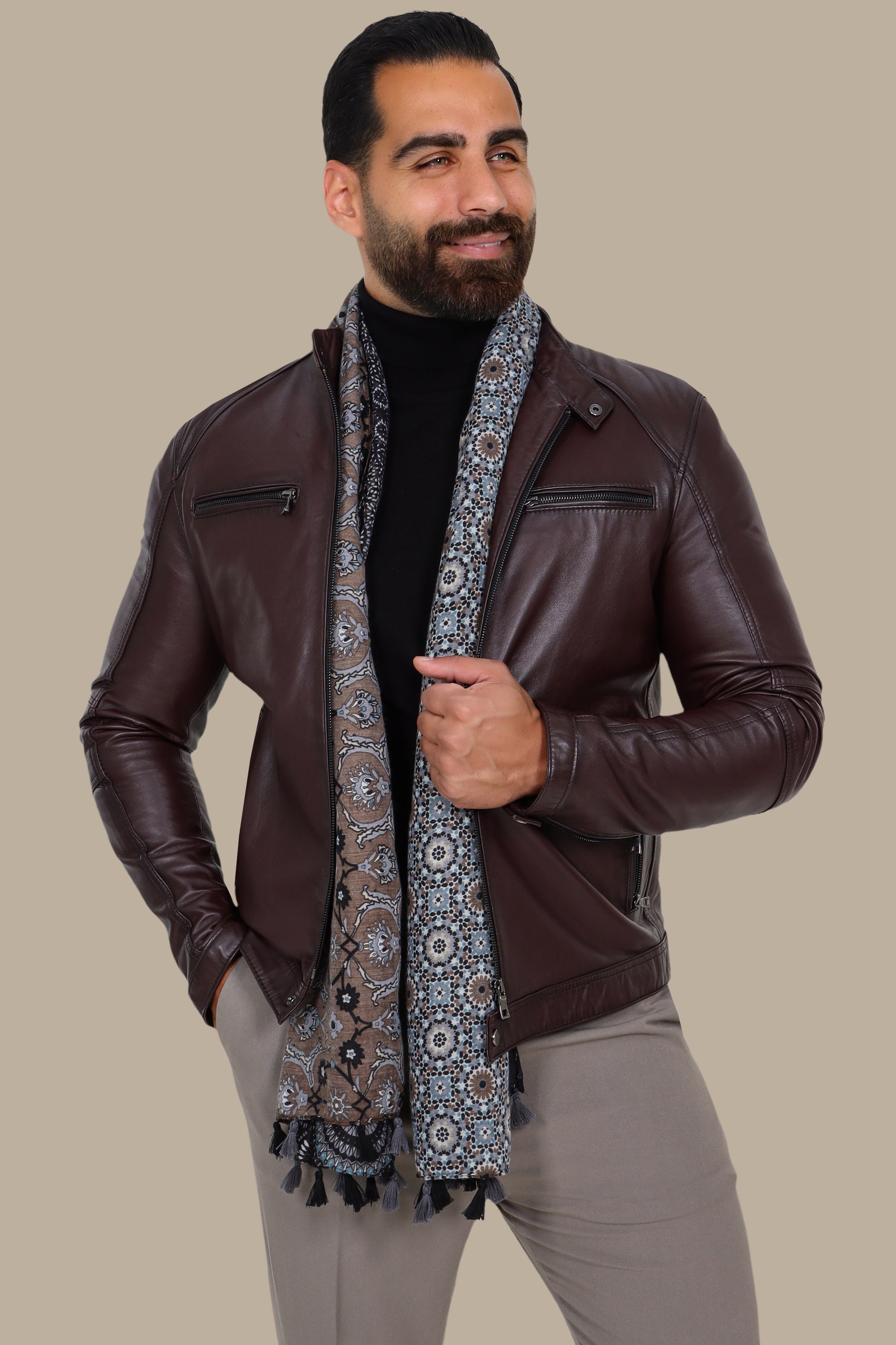 Burgundy Leather Jacket with Mao Collar