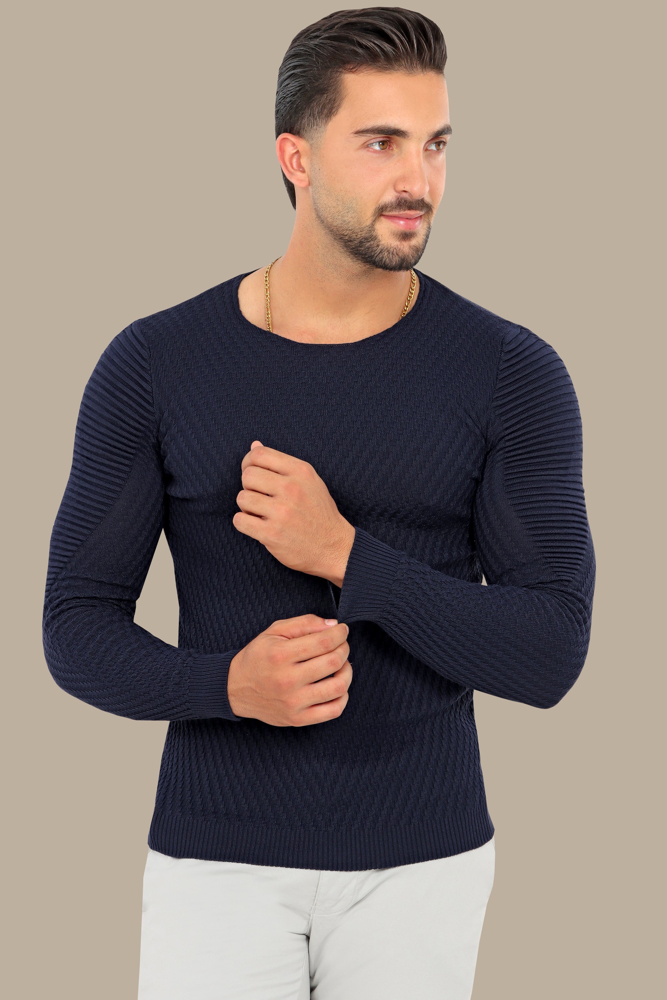 Navy Structured Ribbed Shoulder Sweater