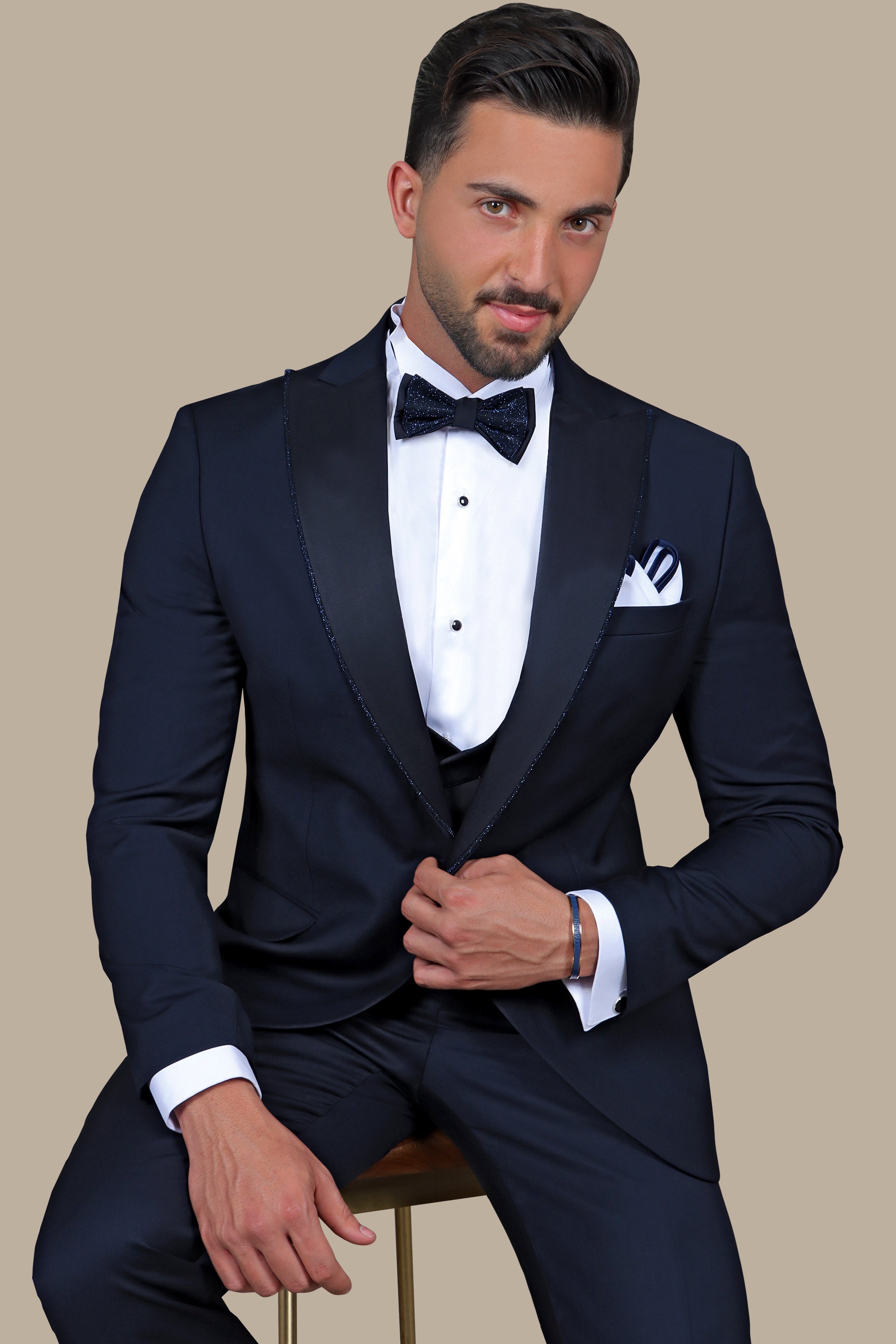 Navy Elegance with Glitter Piping: 4-Piece Tuxedo Set