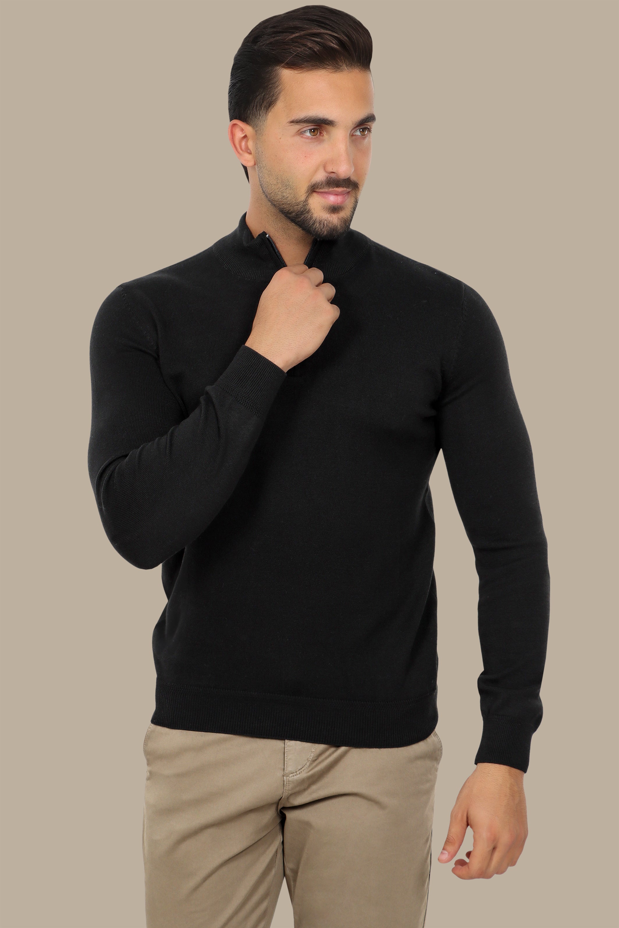 Black Half Zipper Cotton Sweater