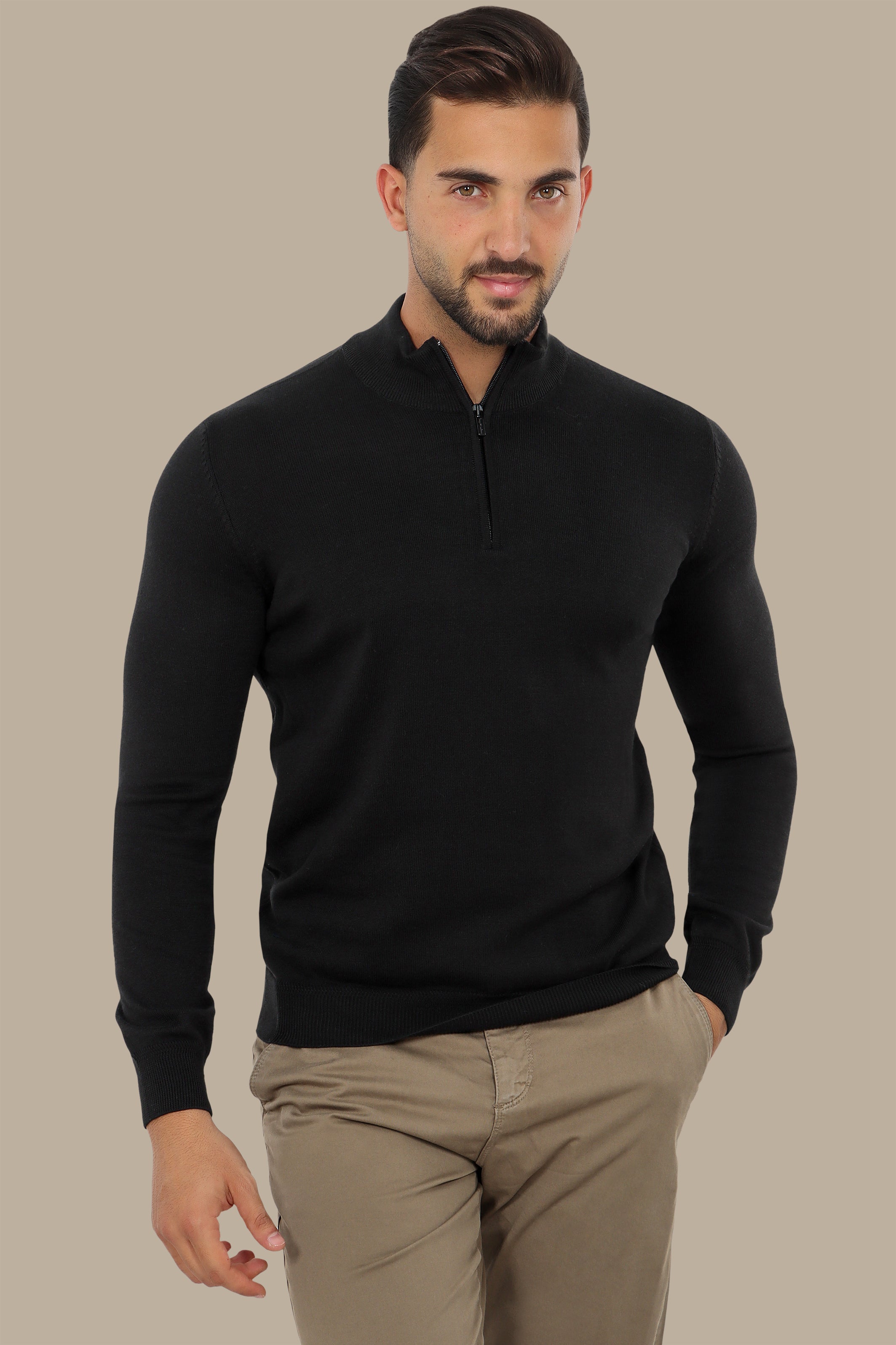 Black Half Zipper Cotton Sweater