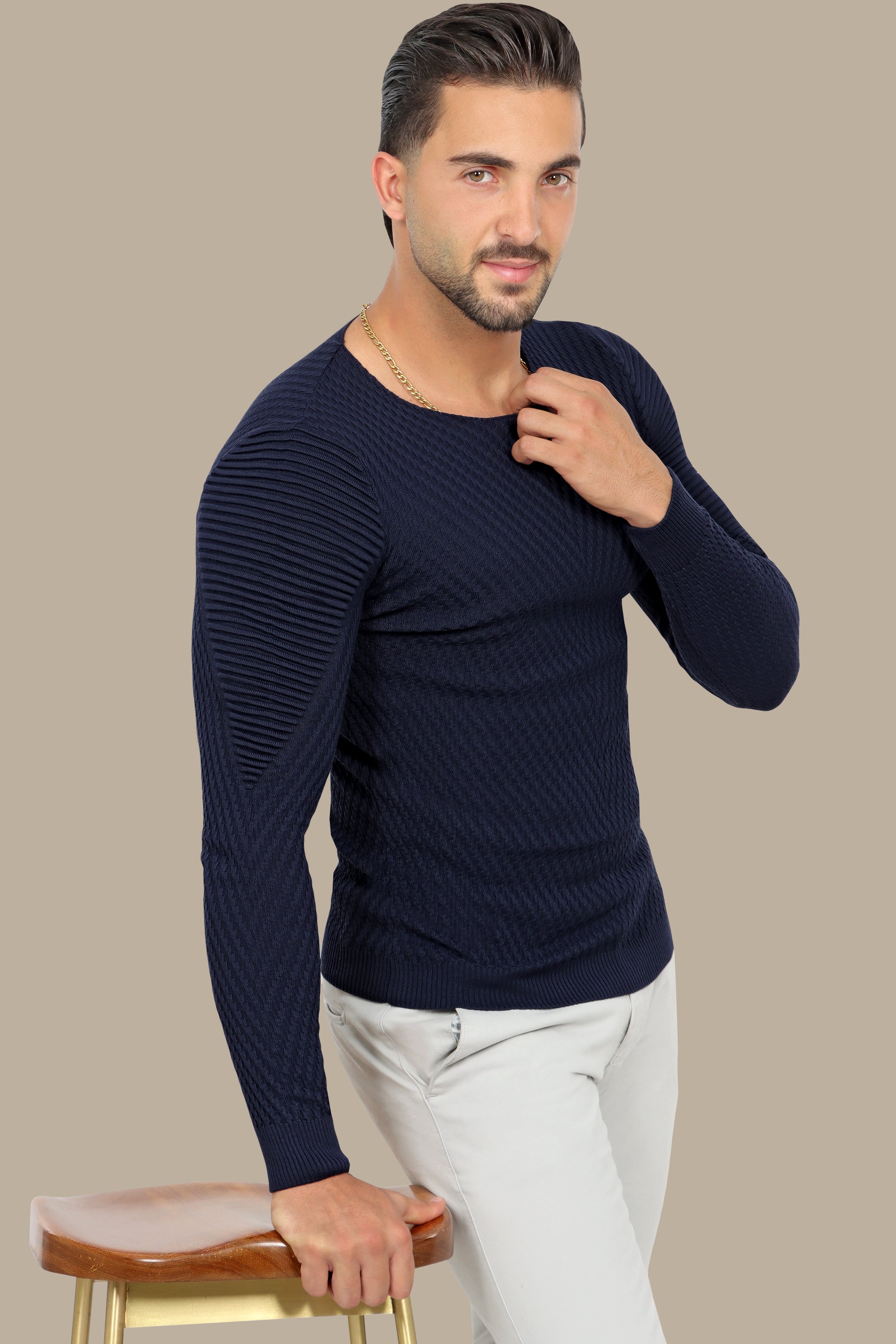 Navy Structured Ribbed Shoulder Sweater