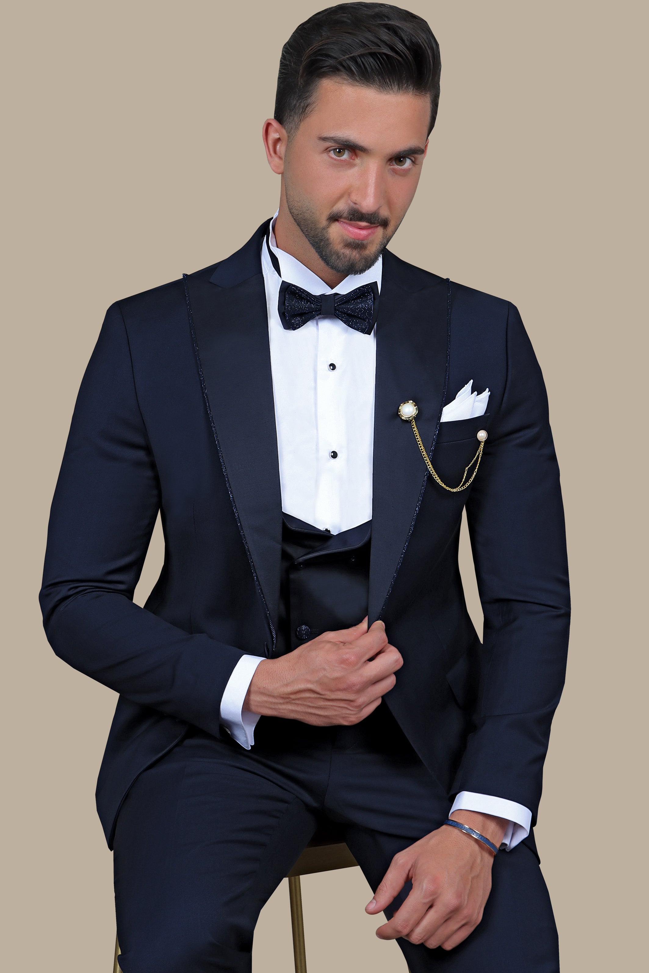 Navy Elegance with Glitter Piping: 4-Piece Tuxedo Set