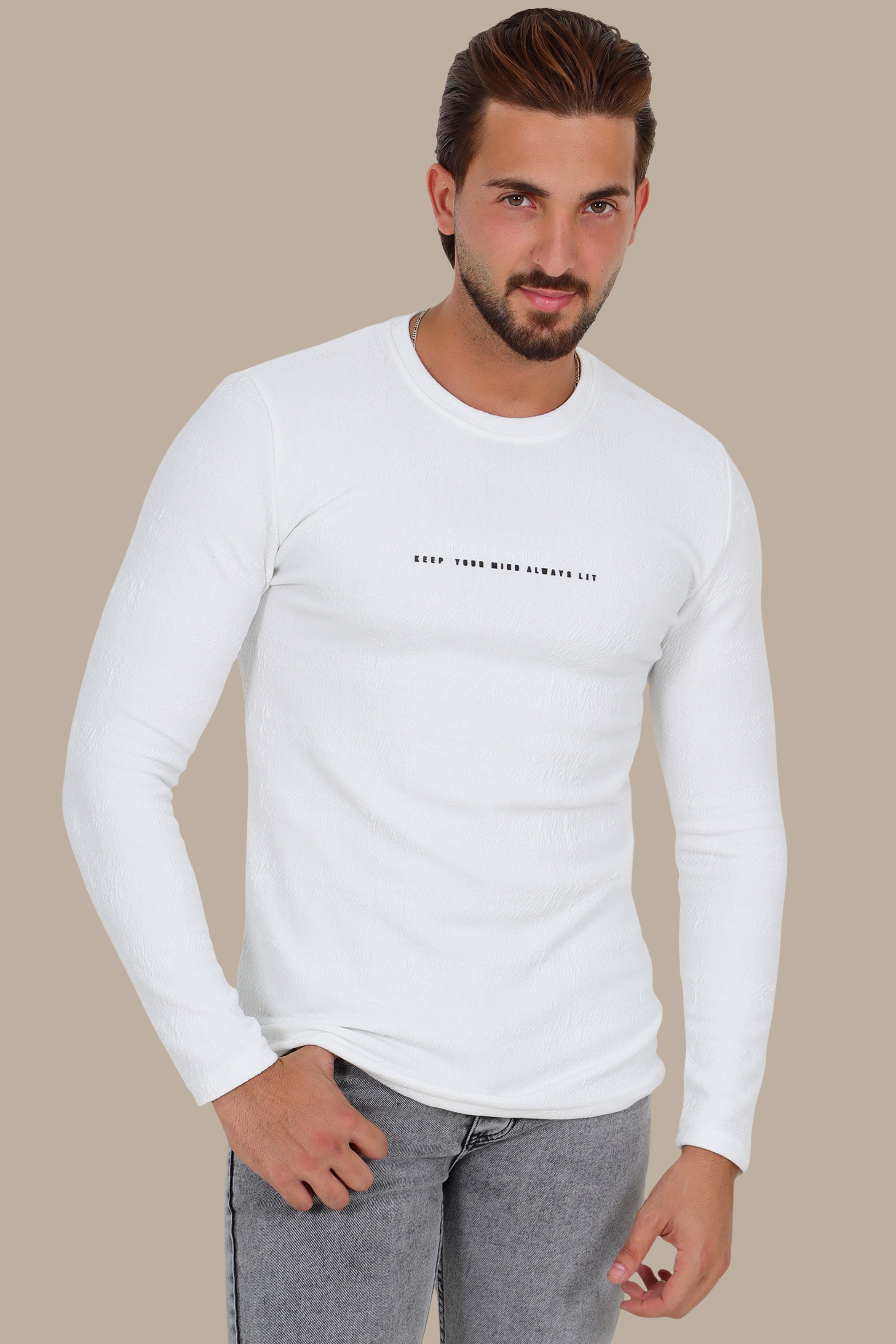 White “Don't Worry” Bubbled Long Sleeve