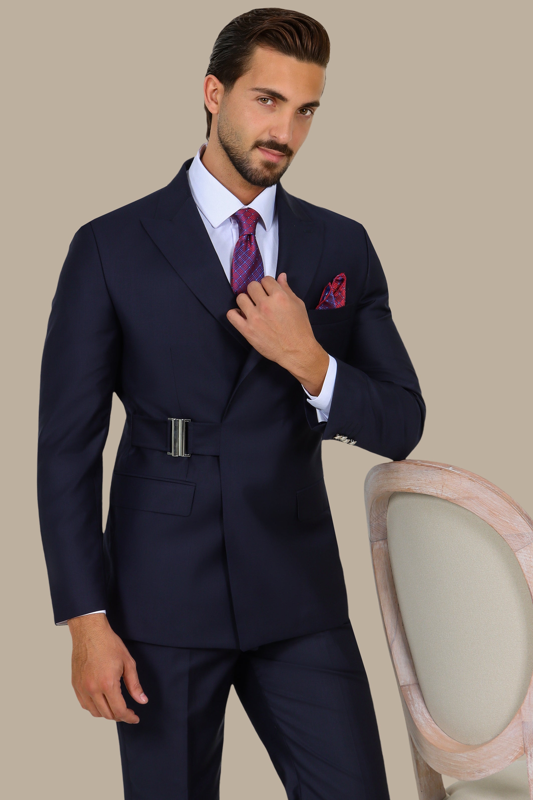 Navy Peak Lapel Suit with Side Buckle