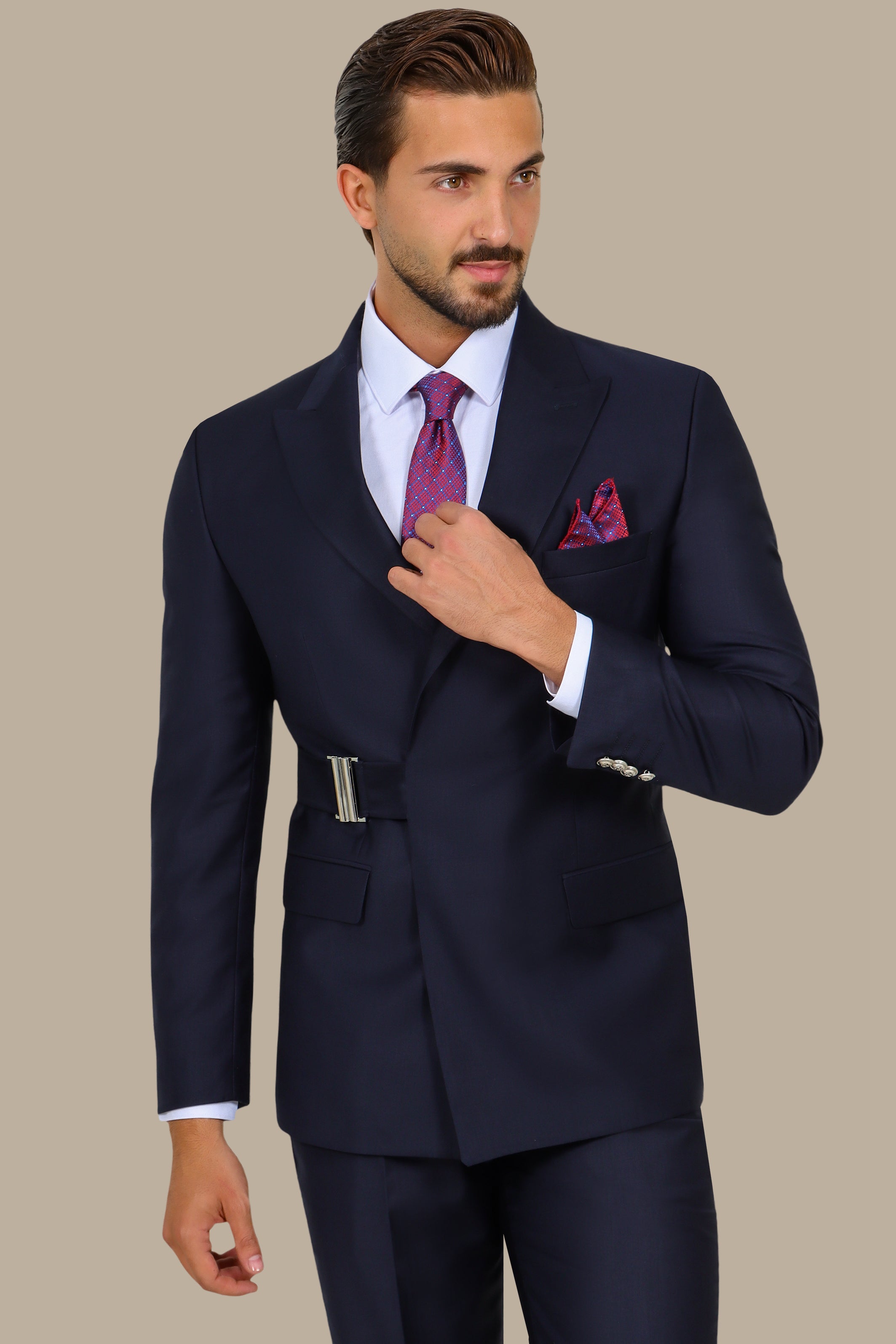 Navy Peak Lapel Suit with Side Buckle