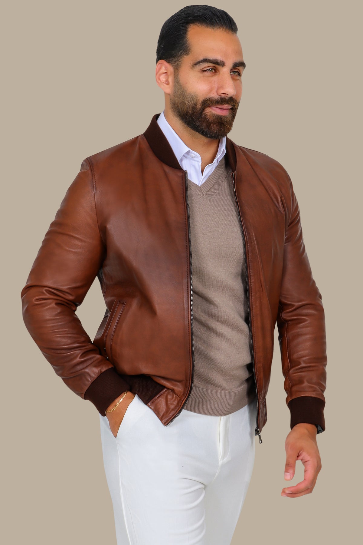 Havane Basic Mao Collar Real Leather Jacket