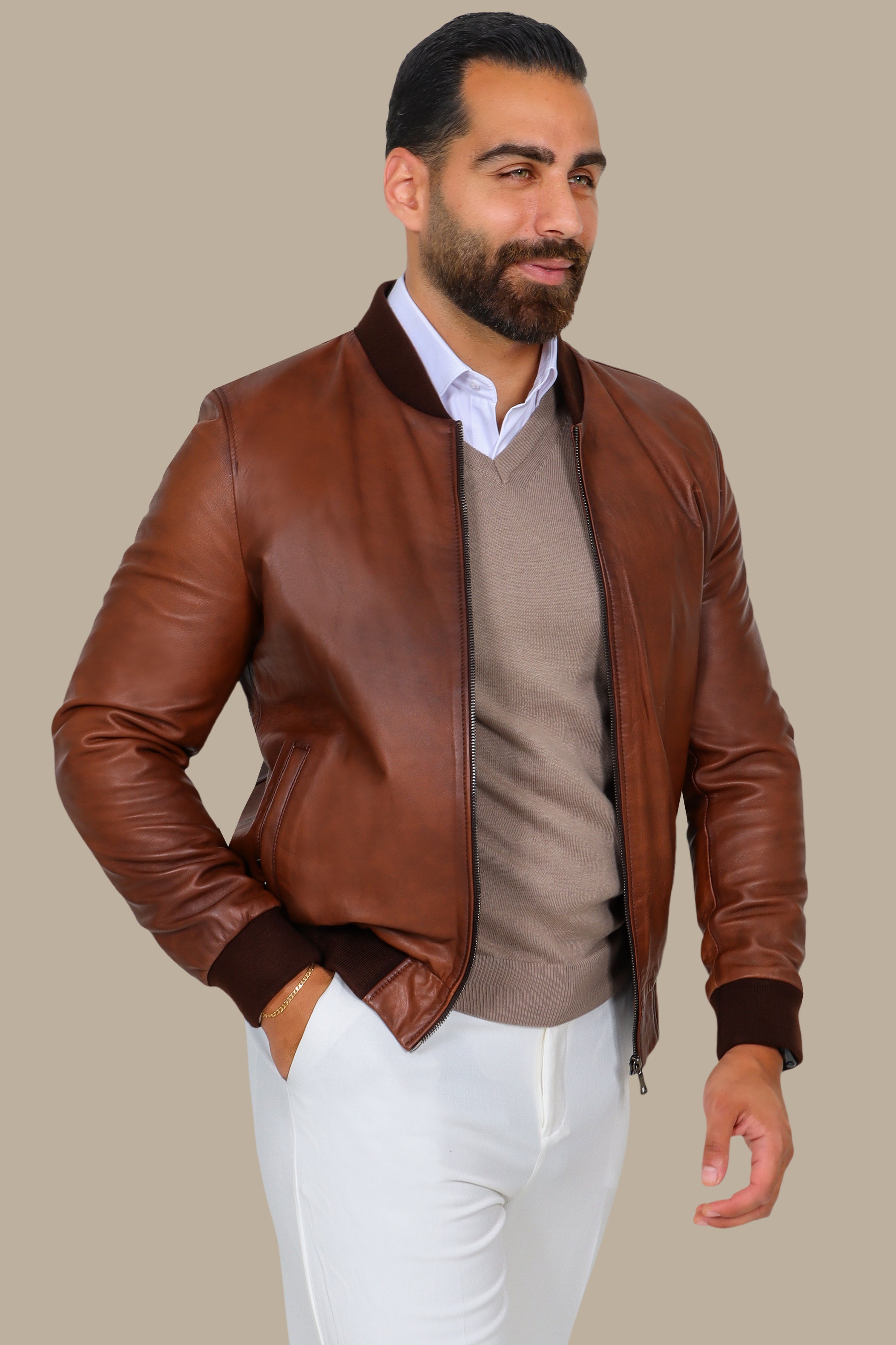 Havane Basic Mao Collar Real Leather Jacket
