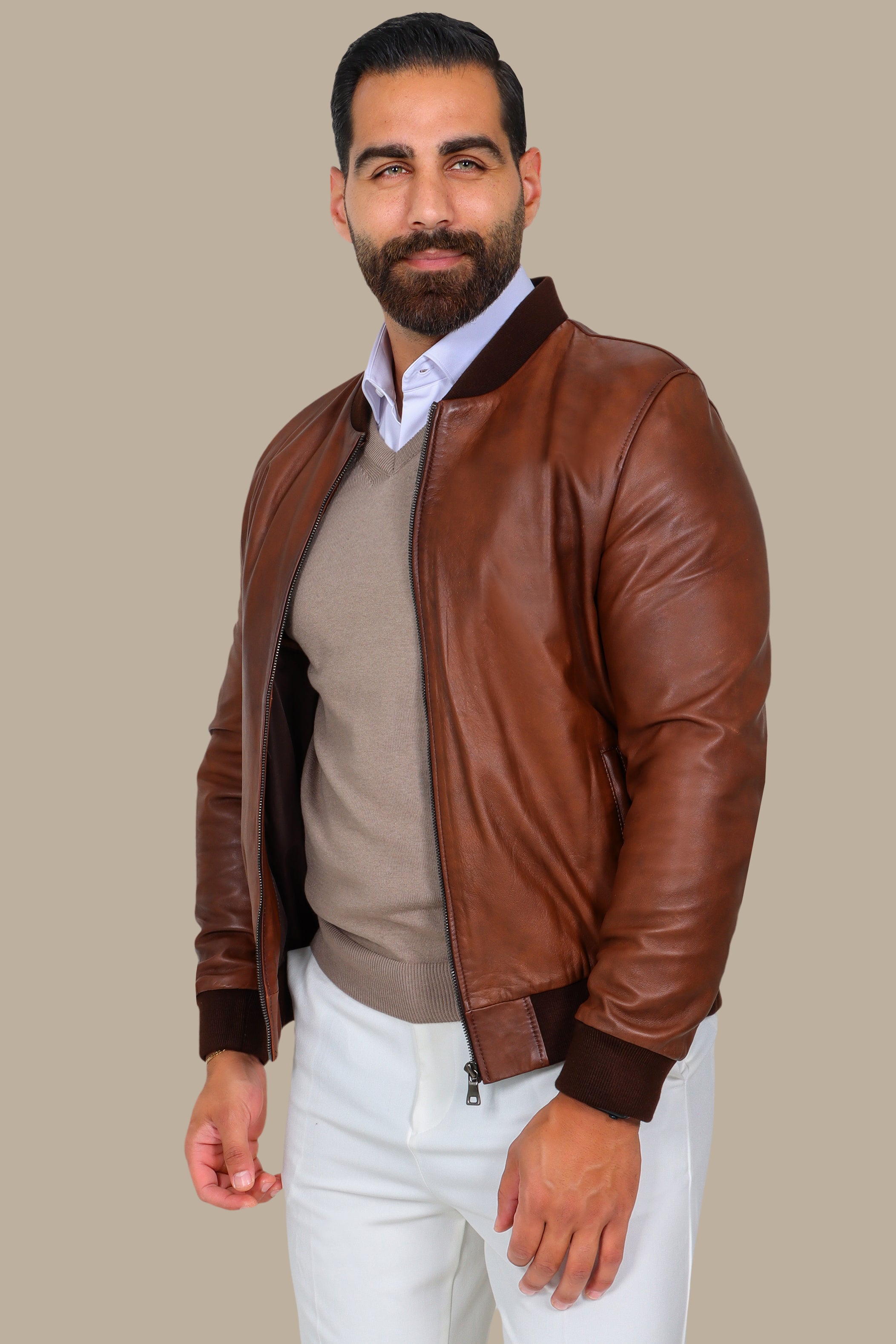 Havane Basic Mao Collar Real Leather Jacket