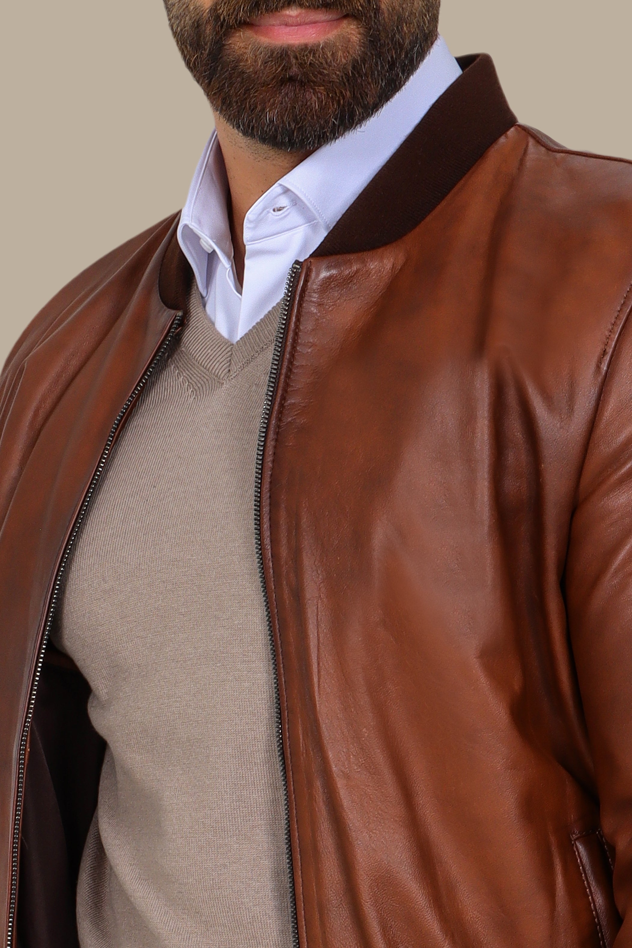 Havane Basic Mao Collar Real Leather Jacket
