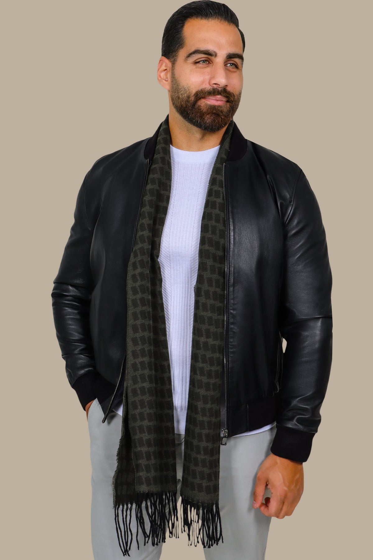 Black Basic Mao Collar Real Leather Jacket
