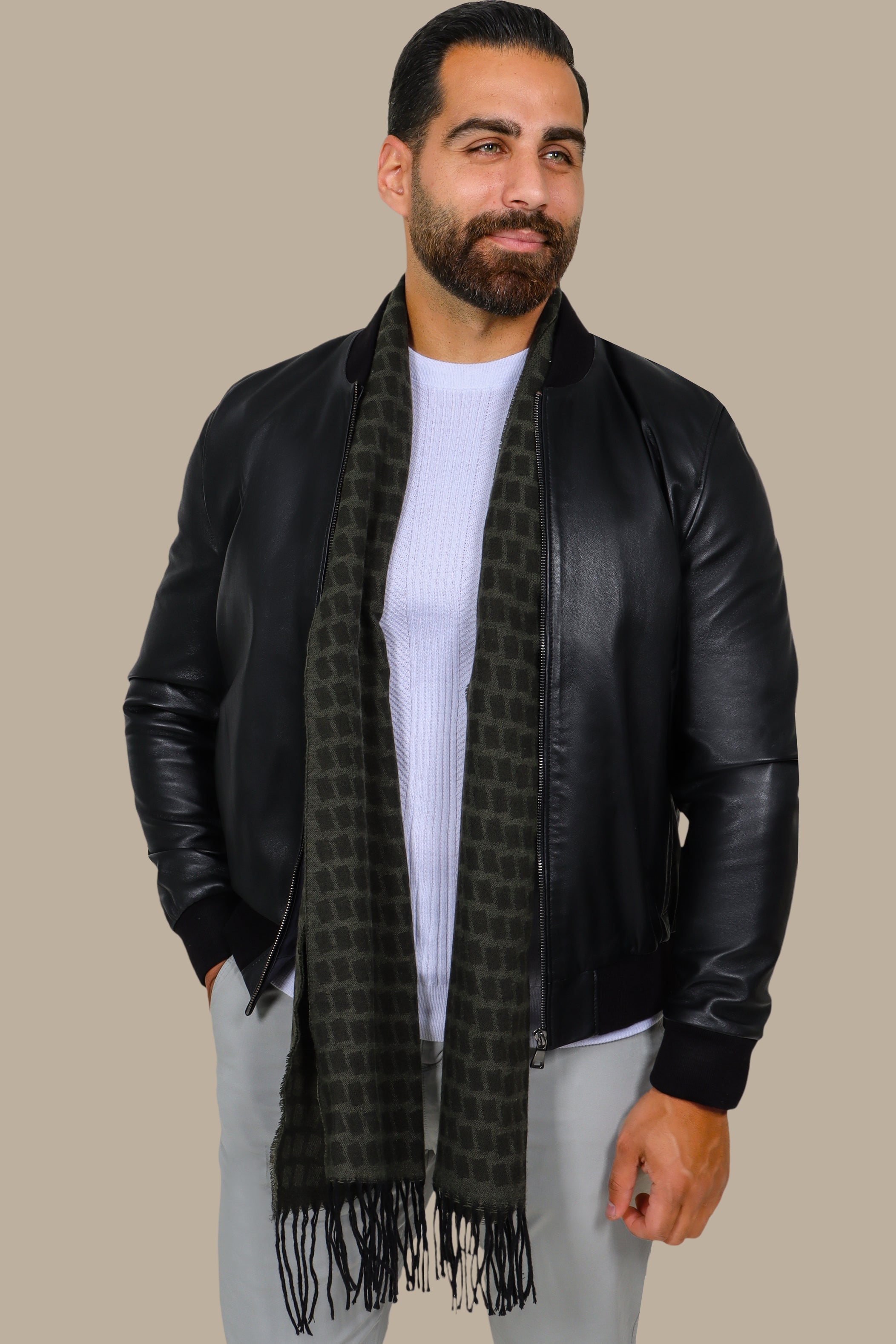Black Basic Mao Collar Real Leather Jacket