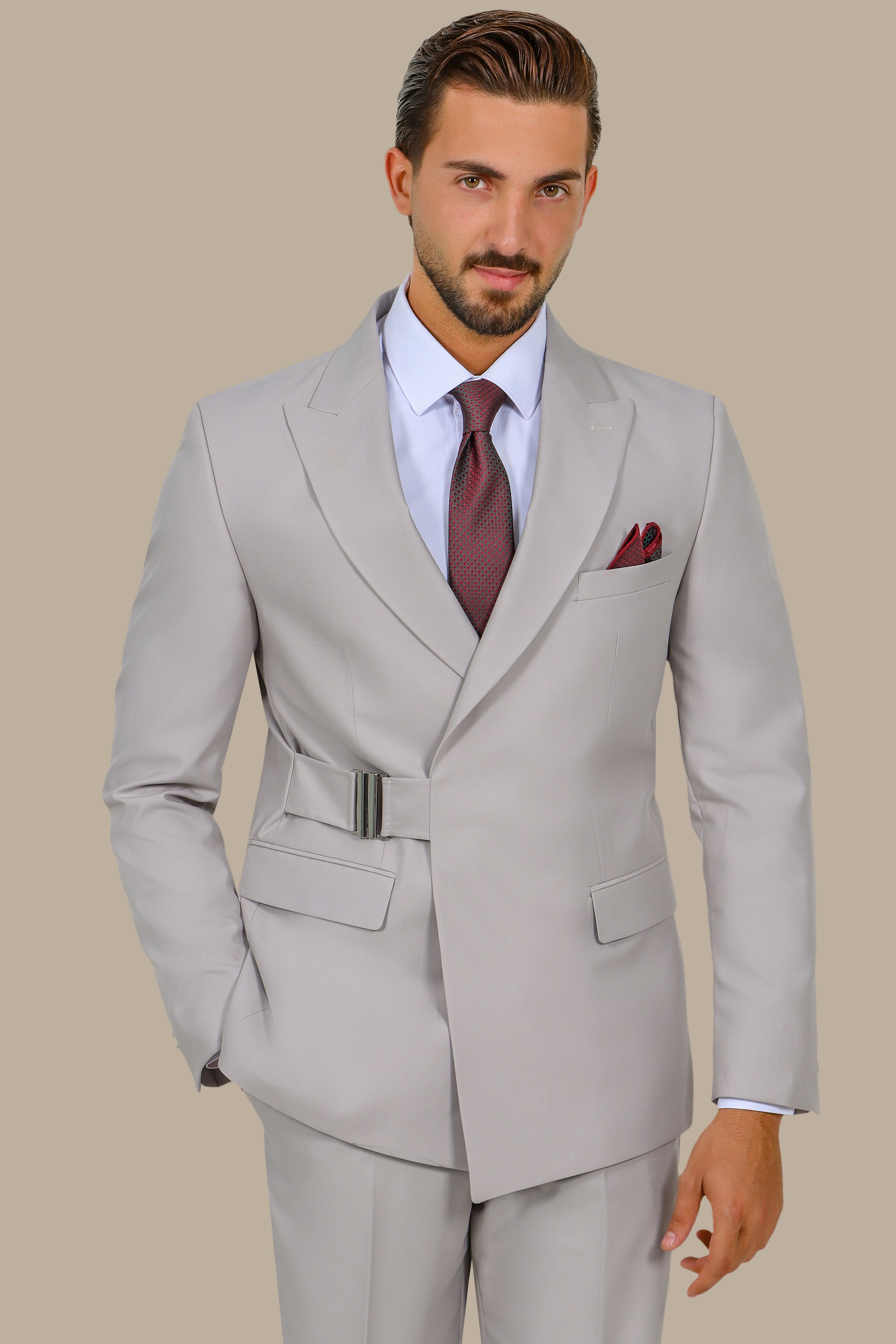 Beige Peak Lapel Suit with Side Buckle