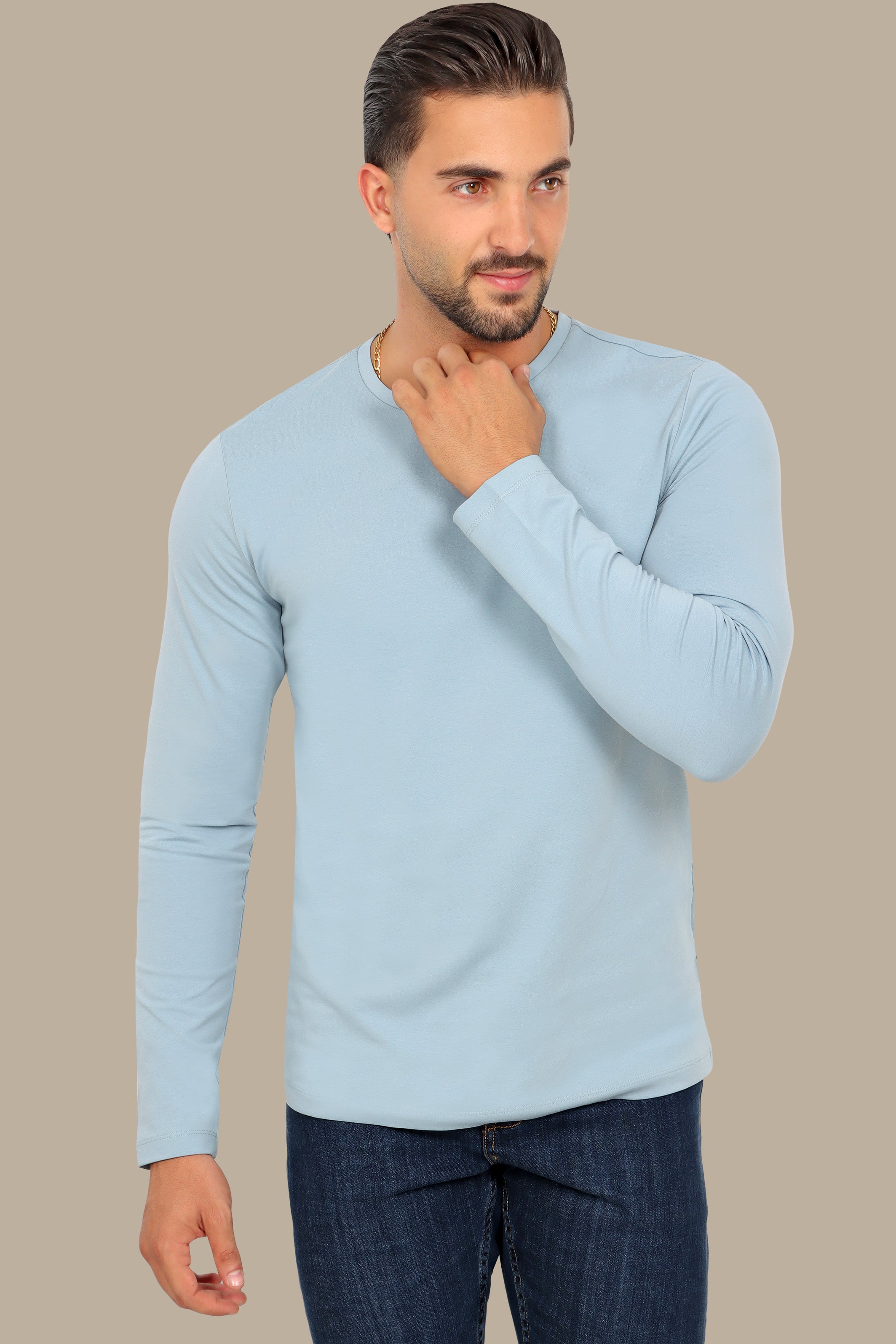 Light Blue Long Sleeve Round Neck Top