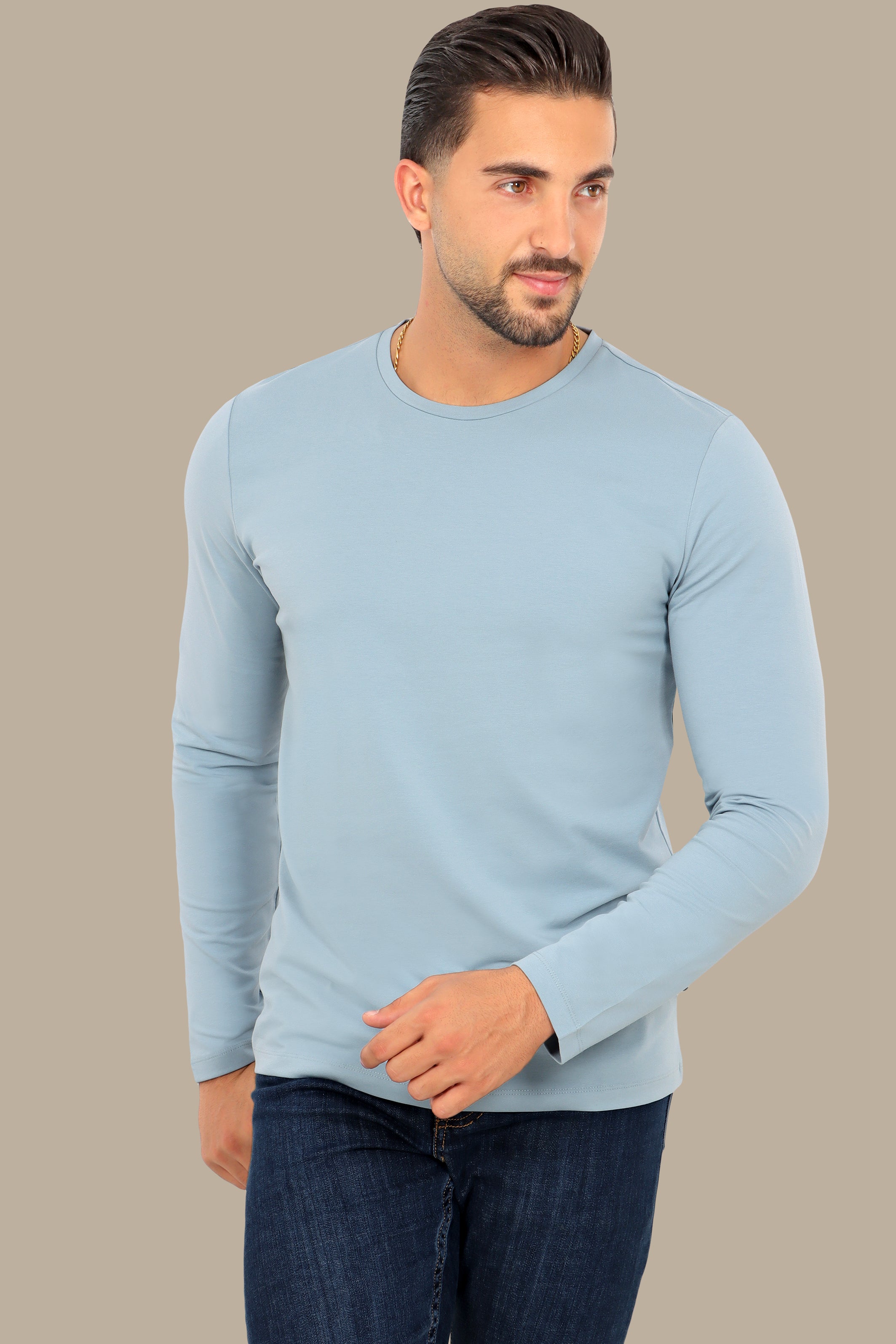 Light Blue Long Sleeve Round Neck Top