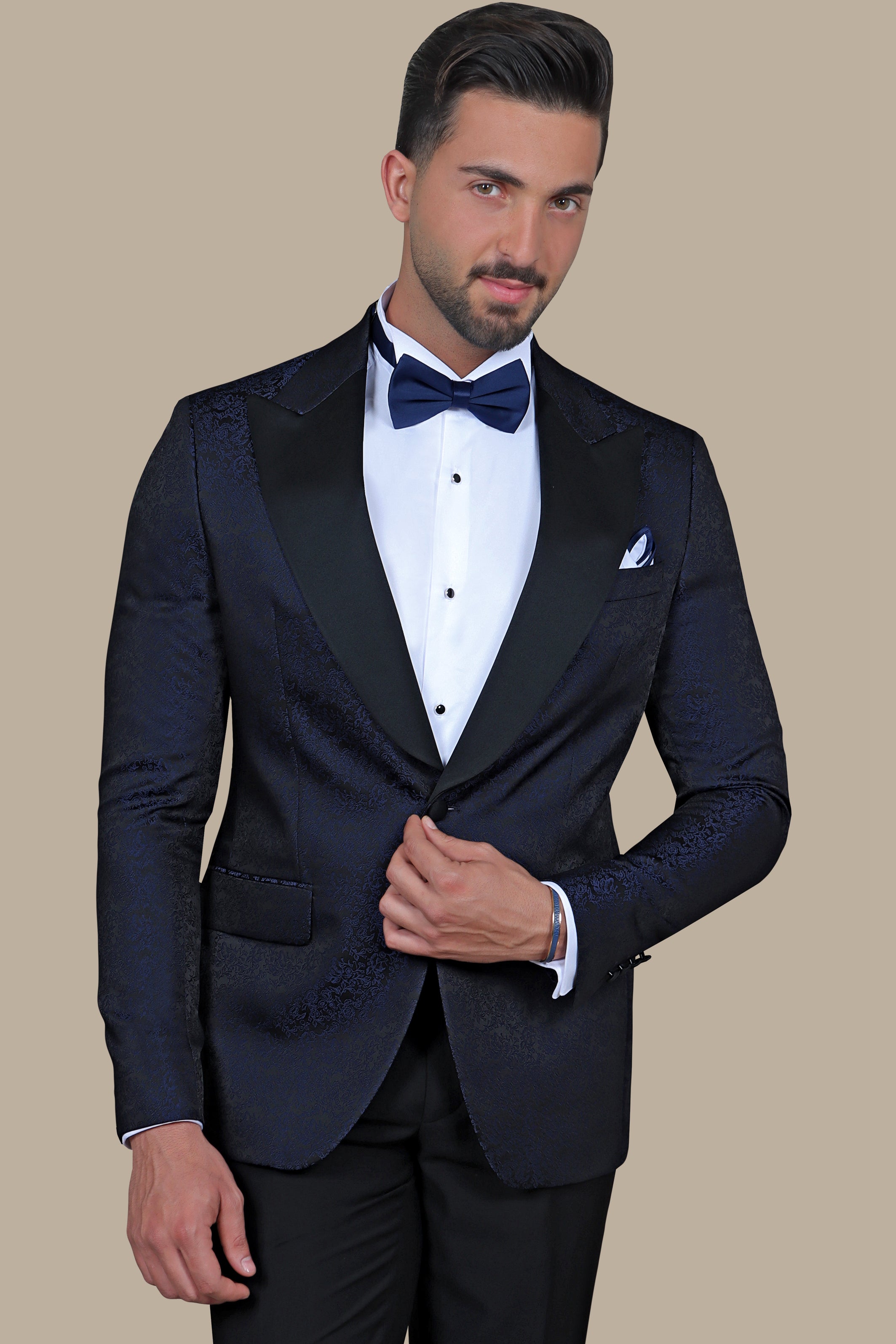 Regal Reverie: Navy Jacquard Flower Print Tuxedo