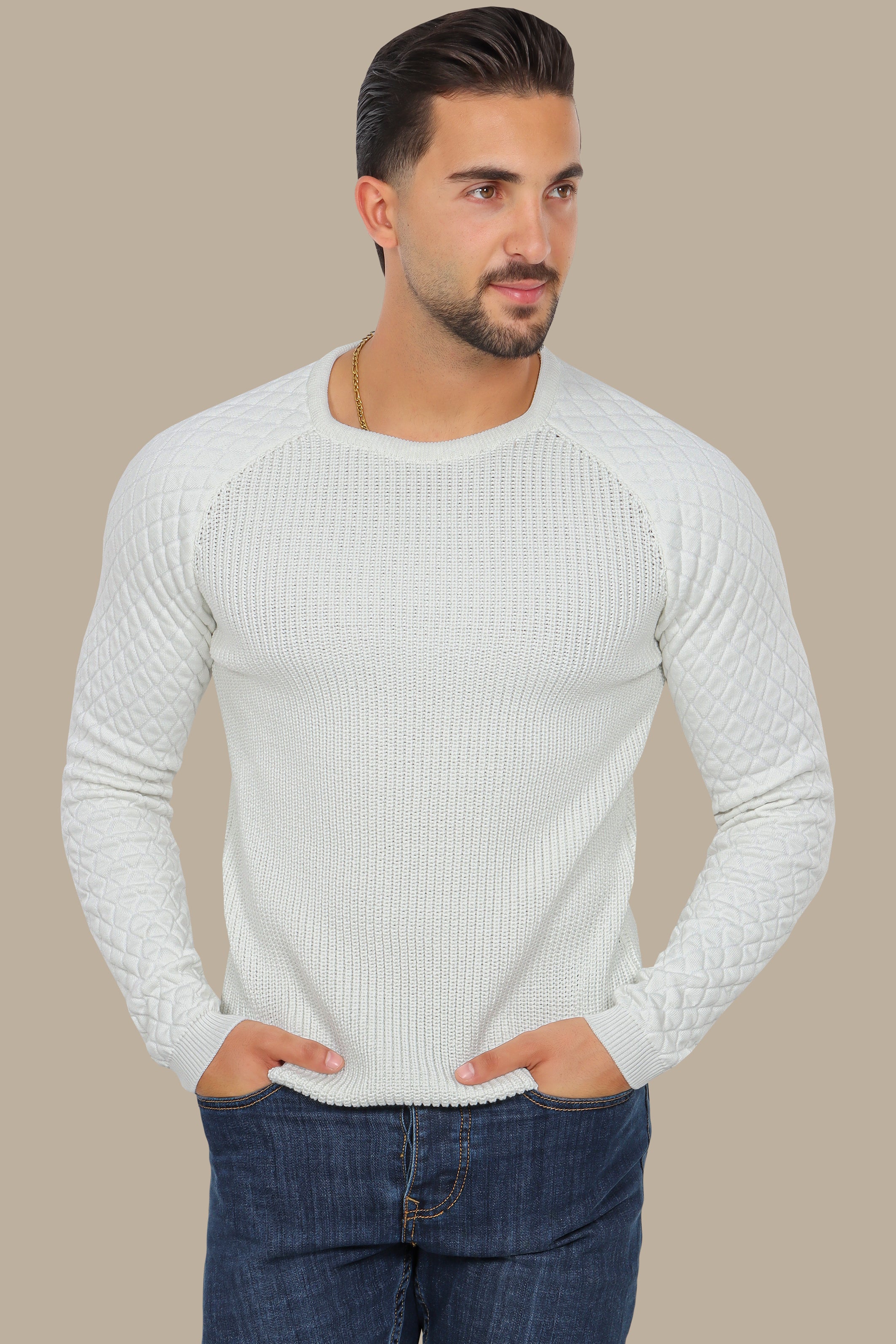 White Mercerized Sweater with Lozenge Shoulder Pattern