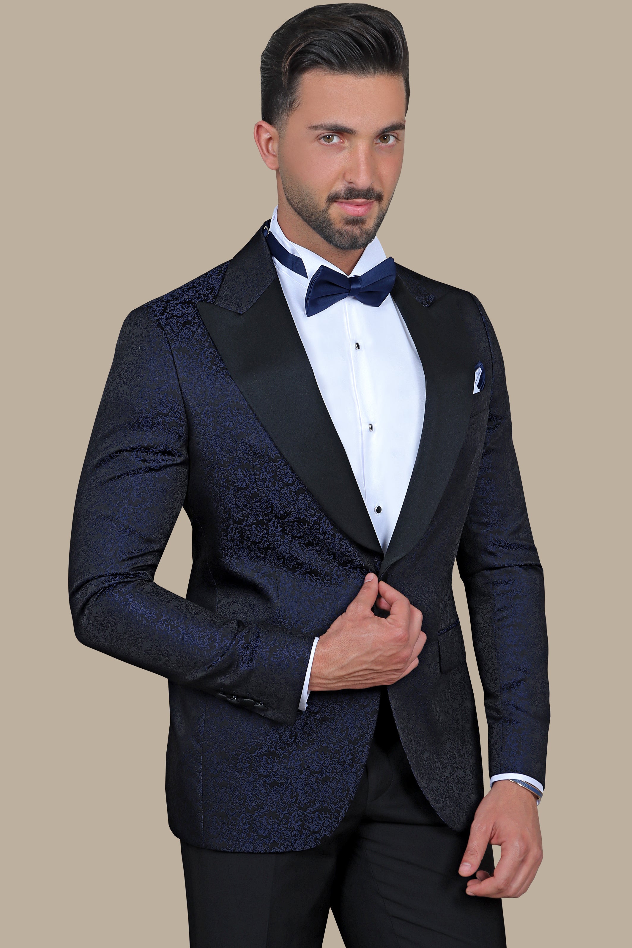 Regal Reverie: Navy Jacquard Flower Print Tuxedo