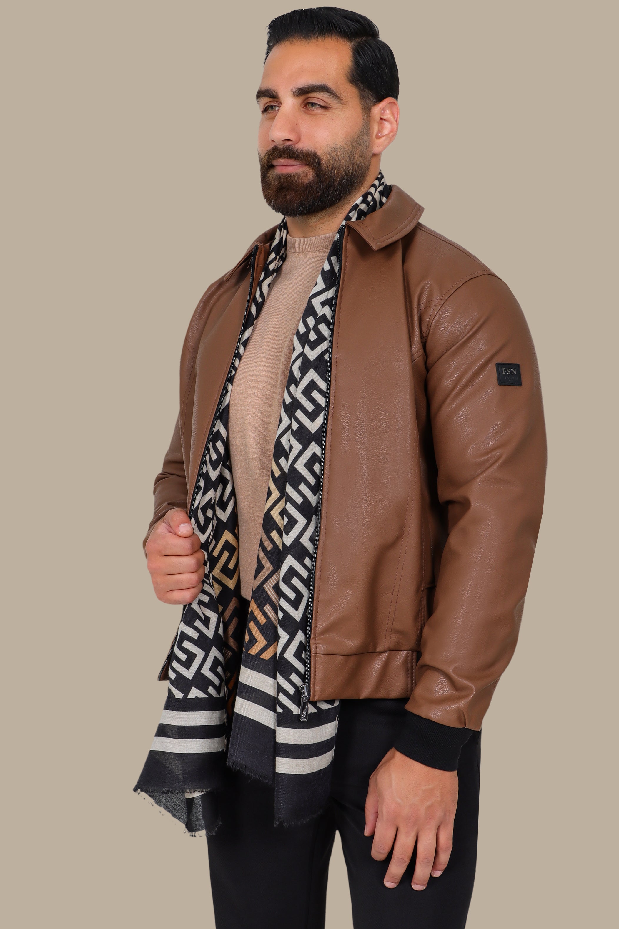 Timeless Charm: Brown Leather Jacket with Classic Collar & Zipper