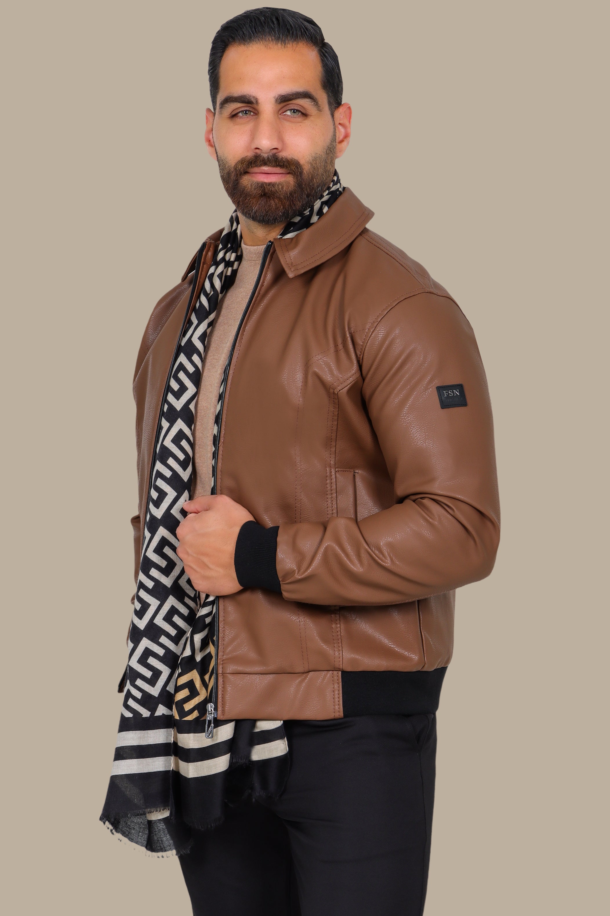 Timeless Charm: Brown Leather Jacket with Classic Collar & Zipper