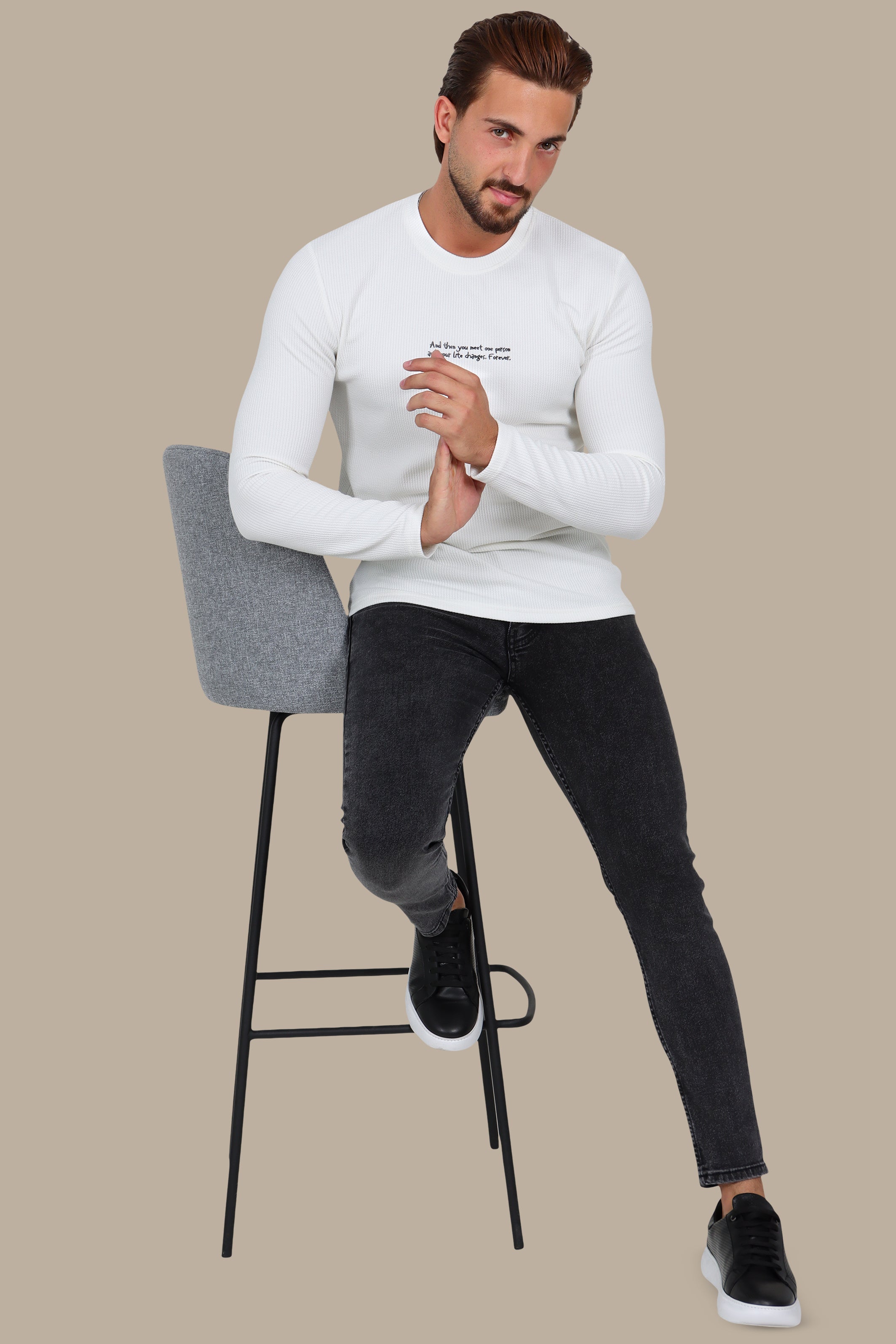 White “One Person” Ribbed Long Sleeve