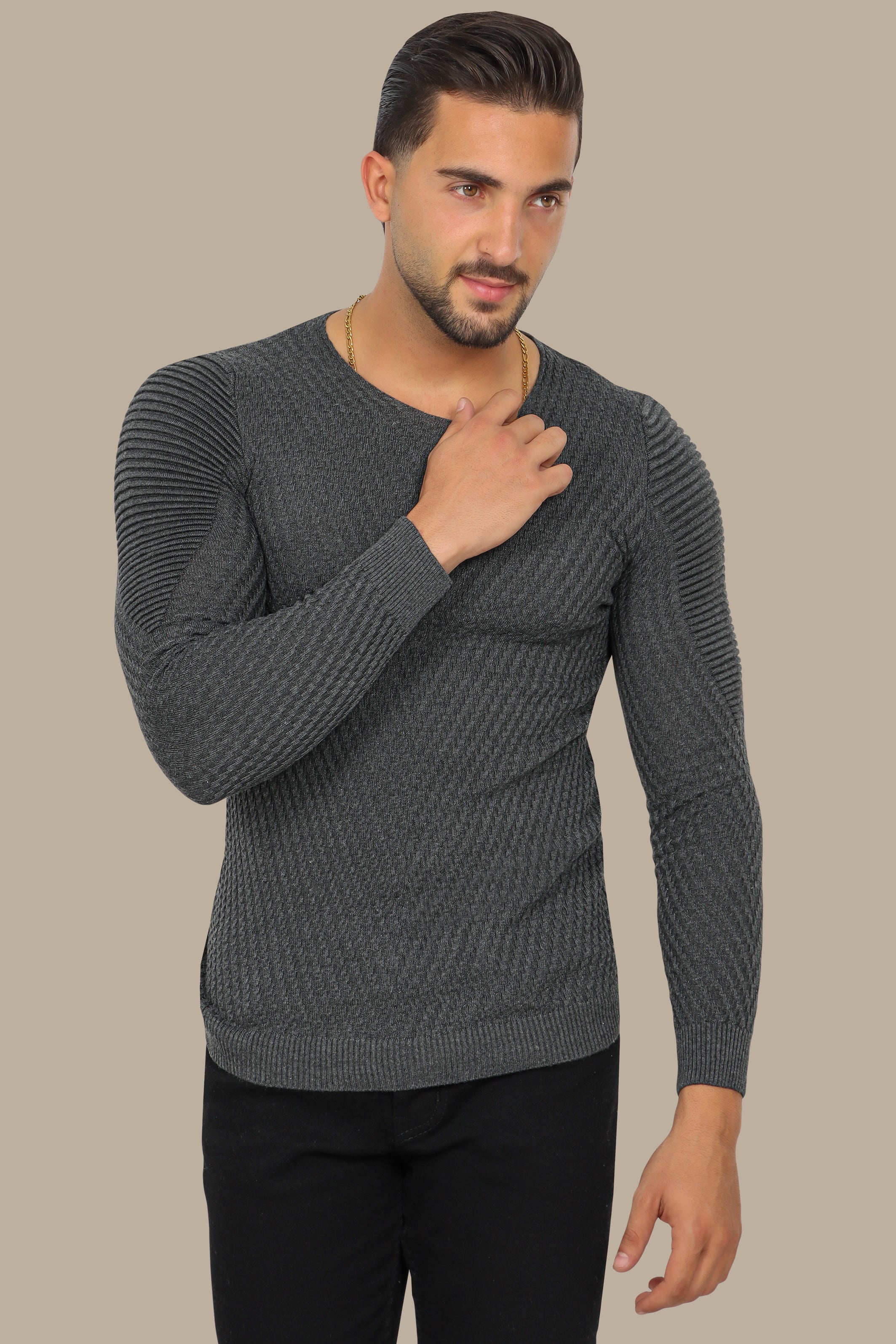 Grey Structured Sweater with Ribbed Shoulders