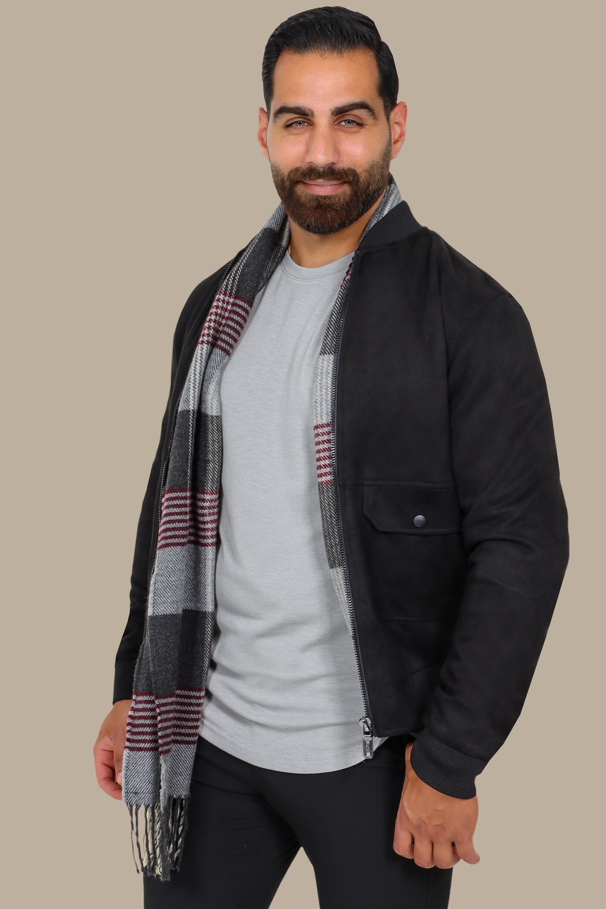 Faux Suede Blouson Jacket with Mao Collar