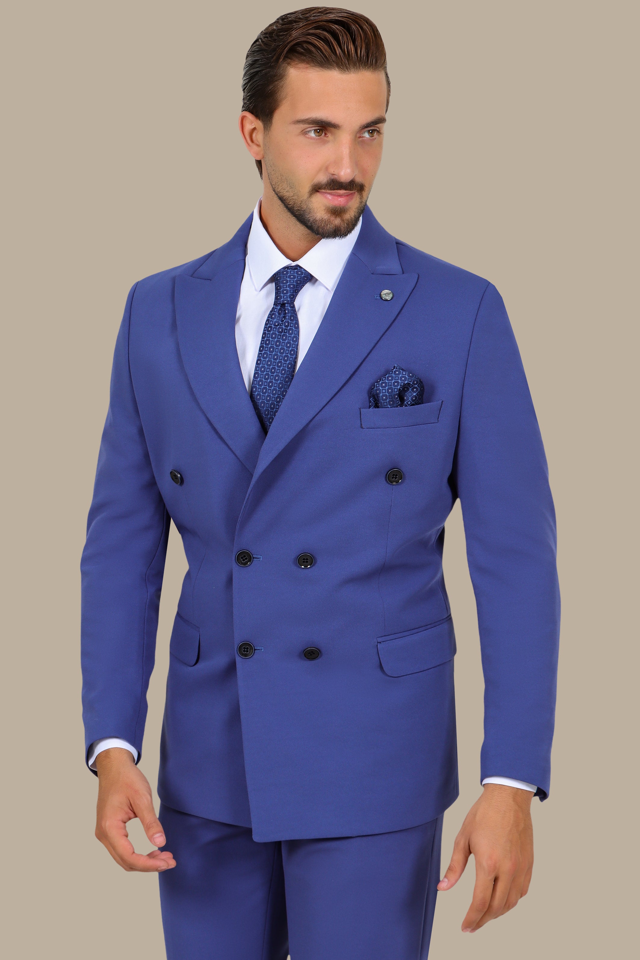 Blue Double-Breasted Diamond Pattern Suit