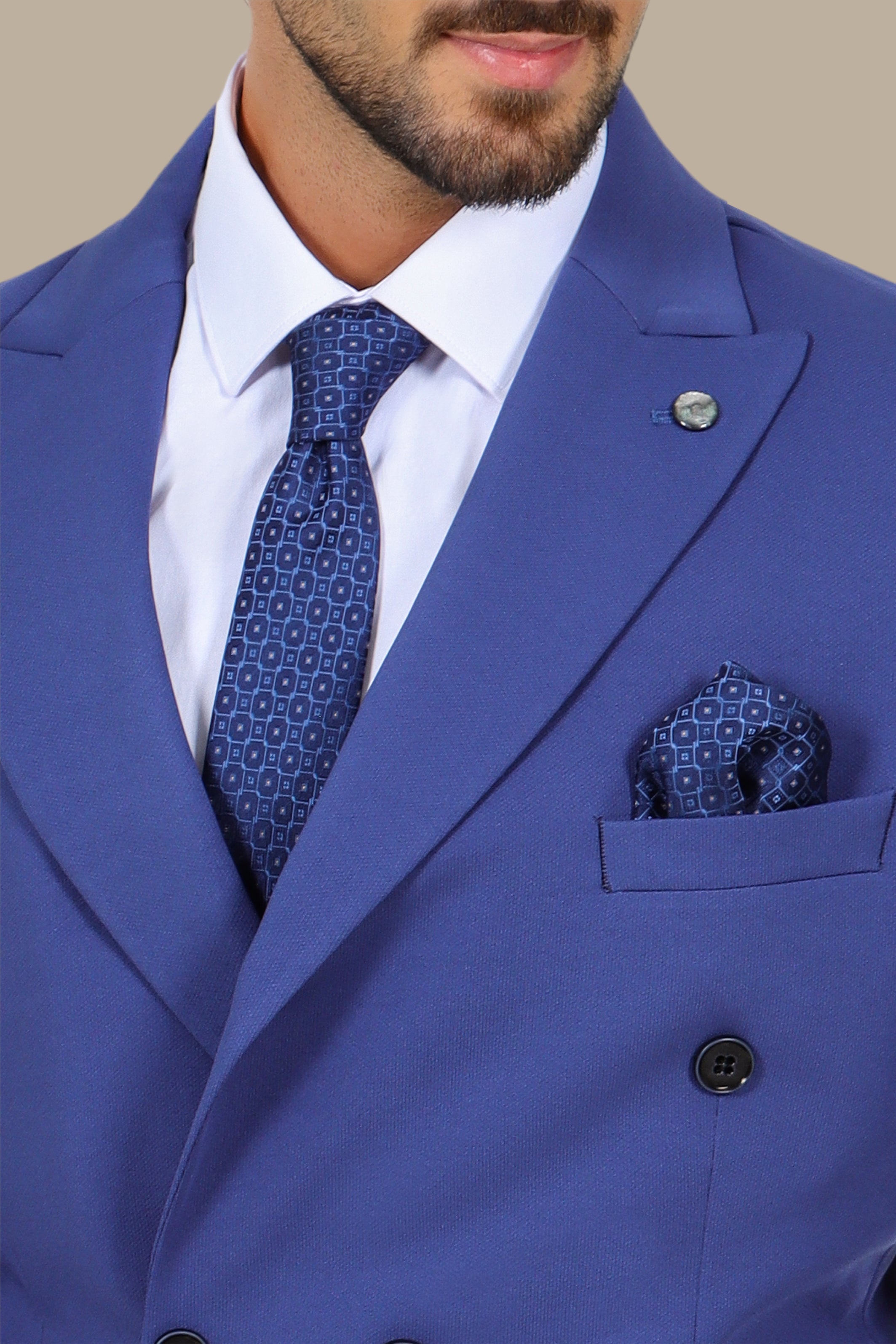 Blue Double-Breasted Diamond Pattern Suit
