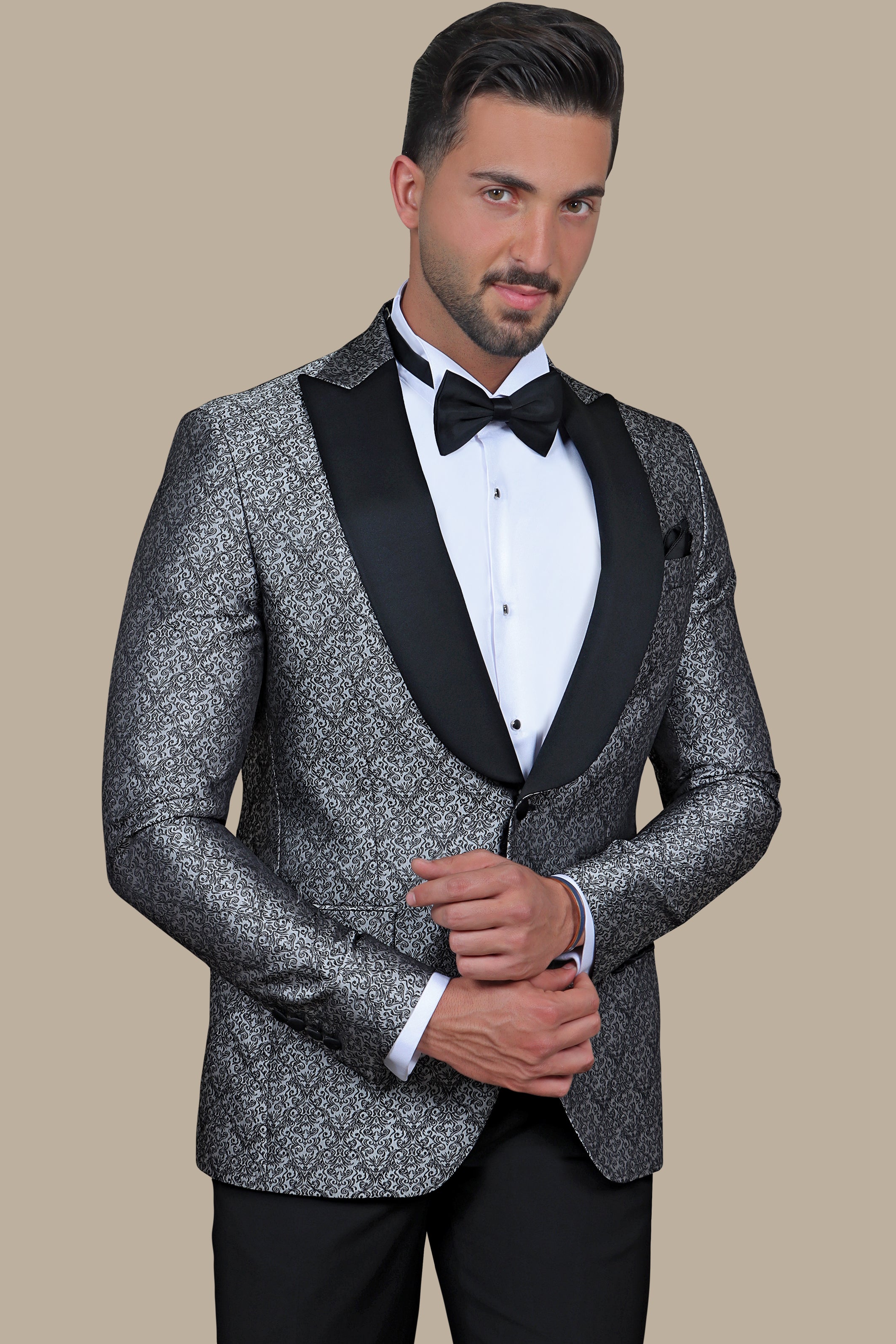 Silver Stylings: Tuxedo Leaves Print Curved Peak