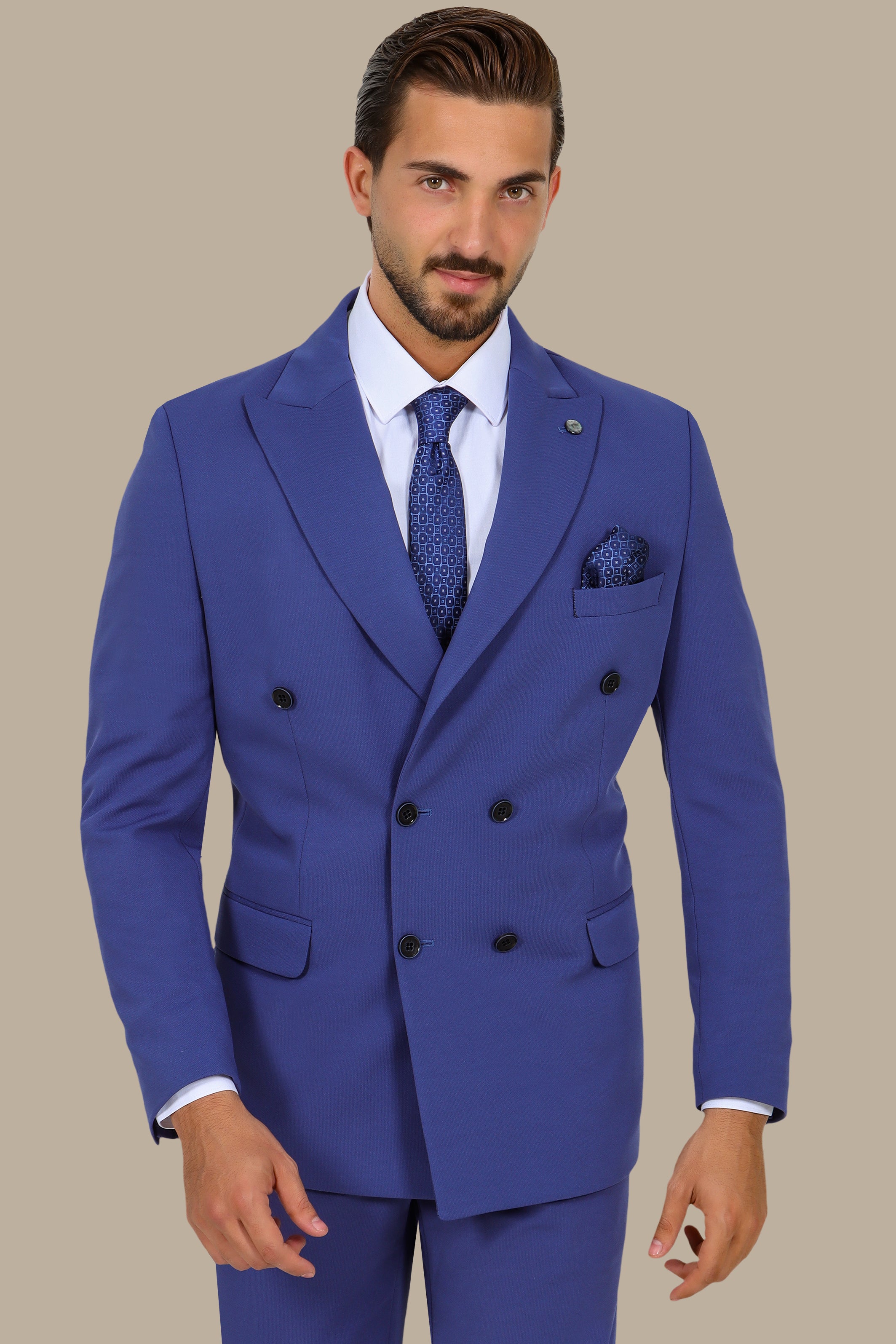 Blue Double-Breasted Diamond Pattern Suit