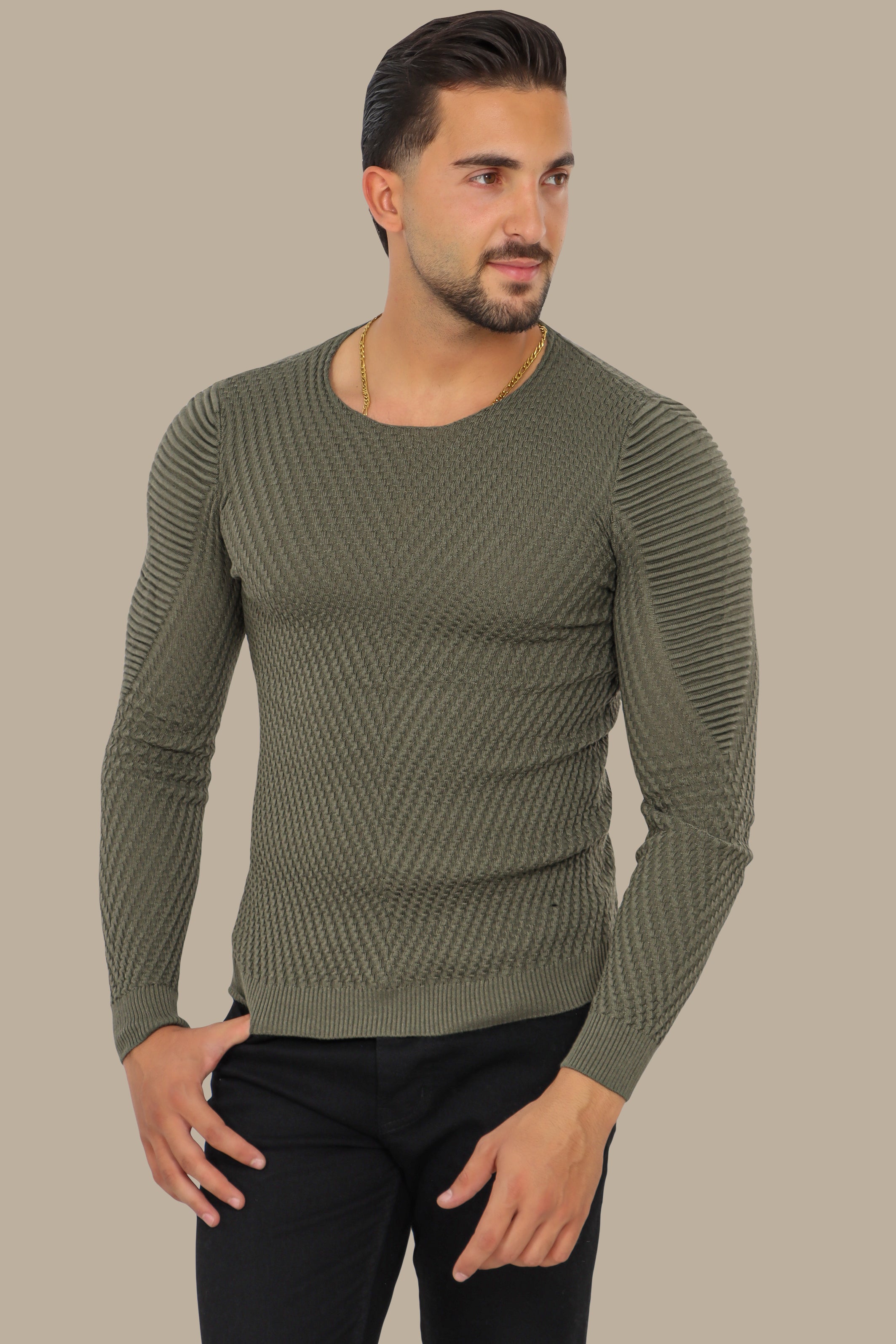 Khaki Structured Sweater with Ribbed Shoulders