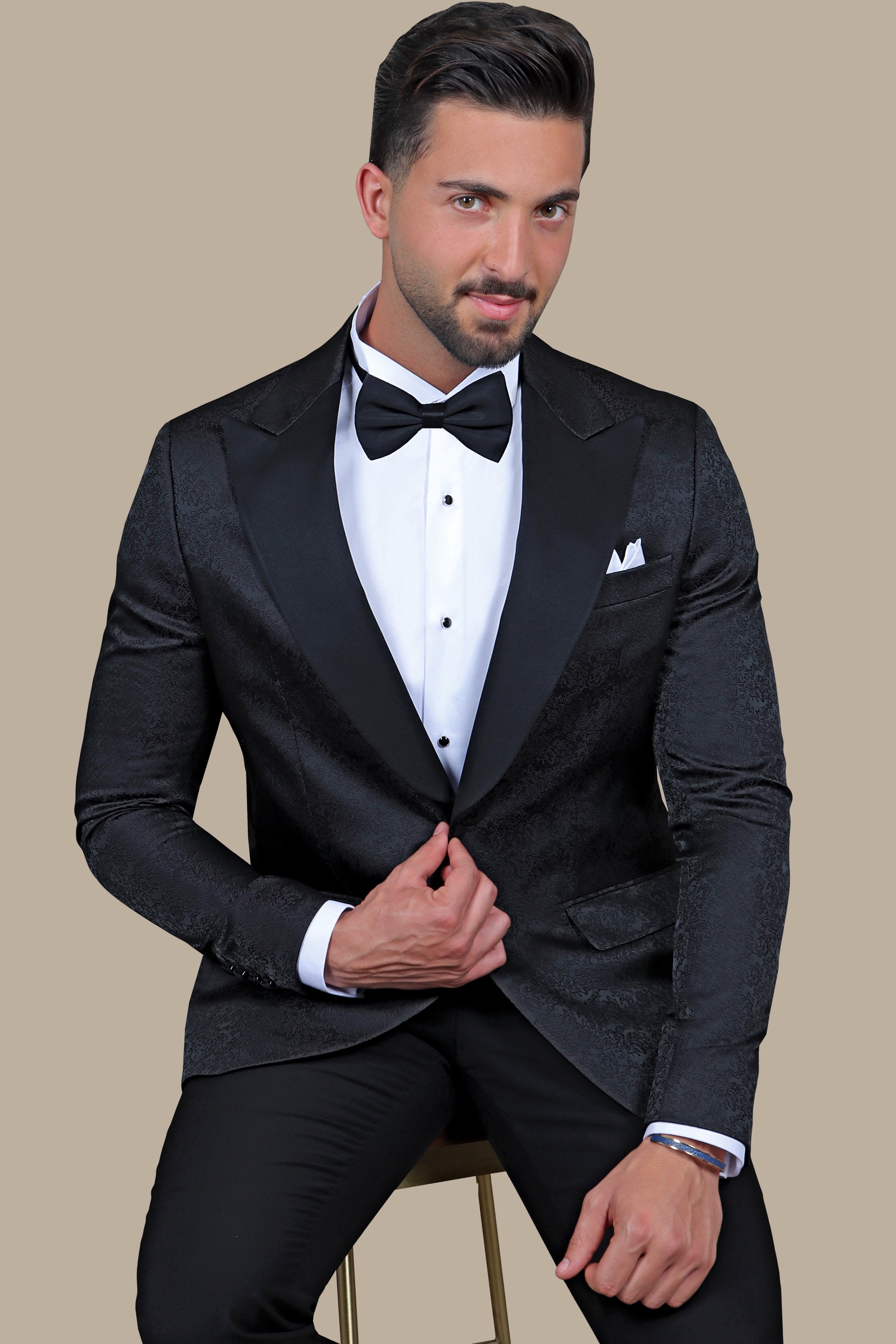 Elegant Blossom: Black Tuxedo with Jacquard Flower Print