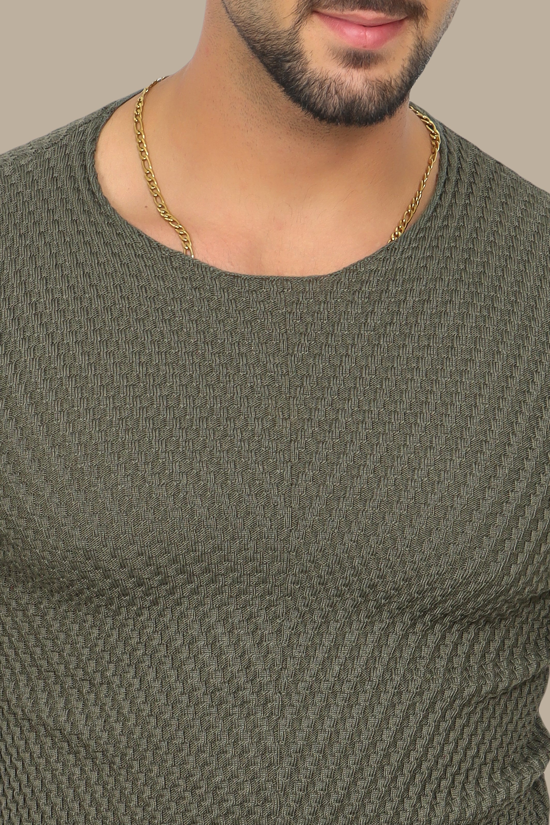 Khaki Structured Sweater with Ribbed Shoulders