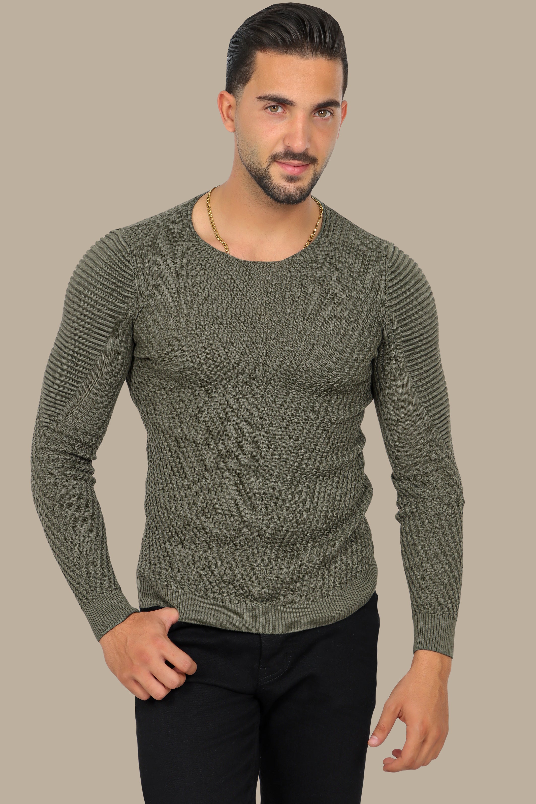 Khaki Structured Sweater with Ribbed Shoulders