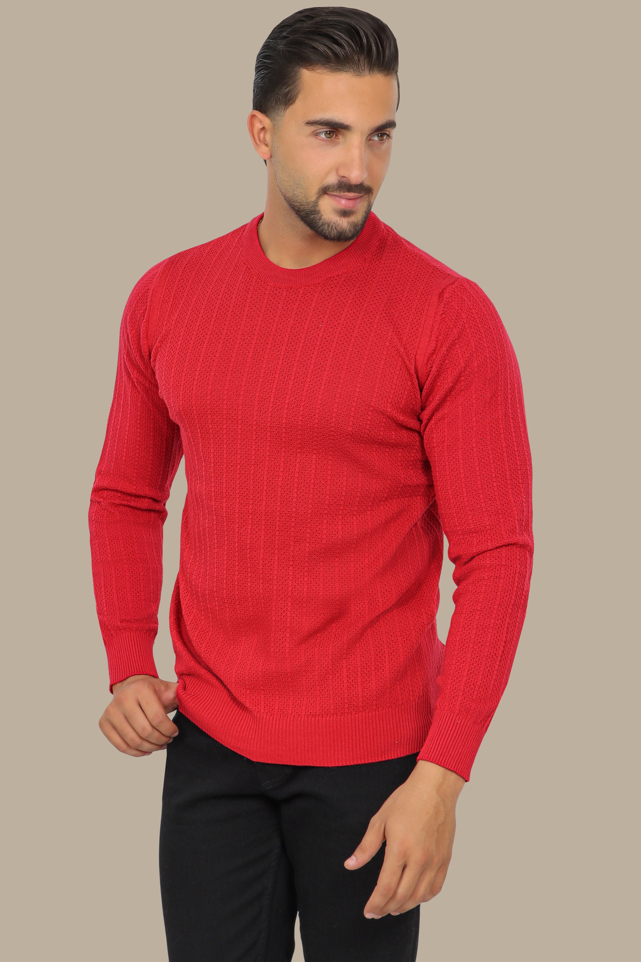 Red Round Neck Striped Sweater