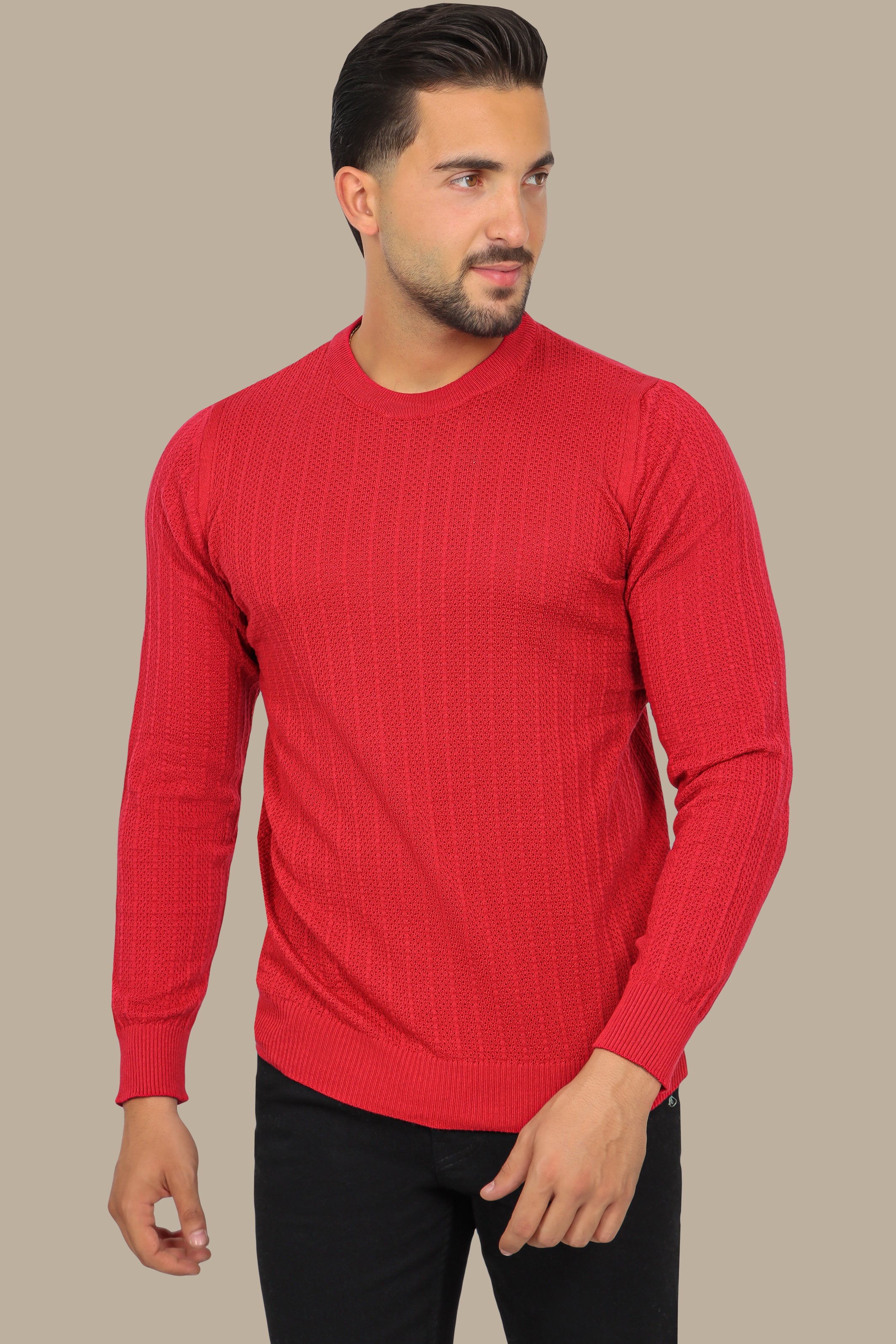 Red Round Neck Striped Sweater