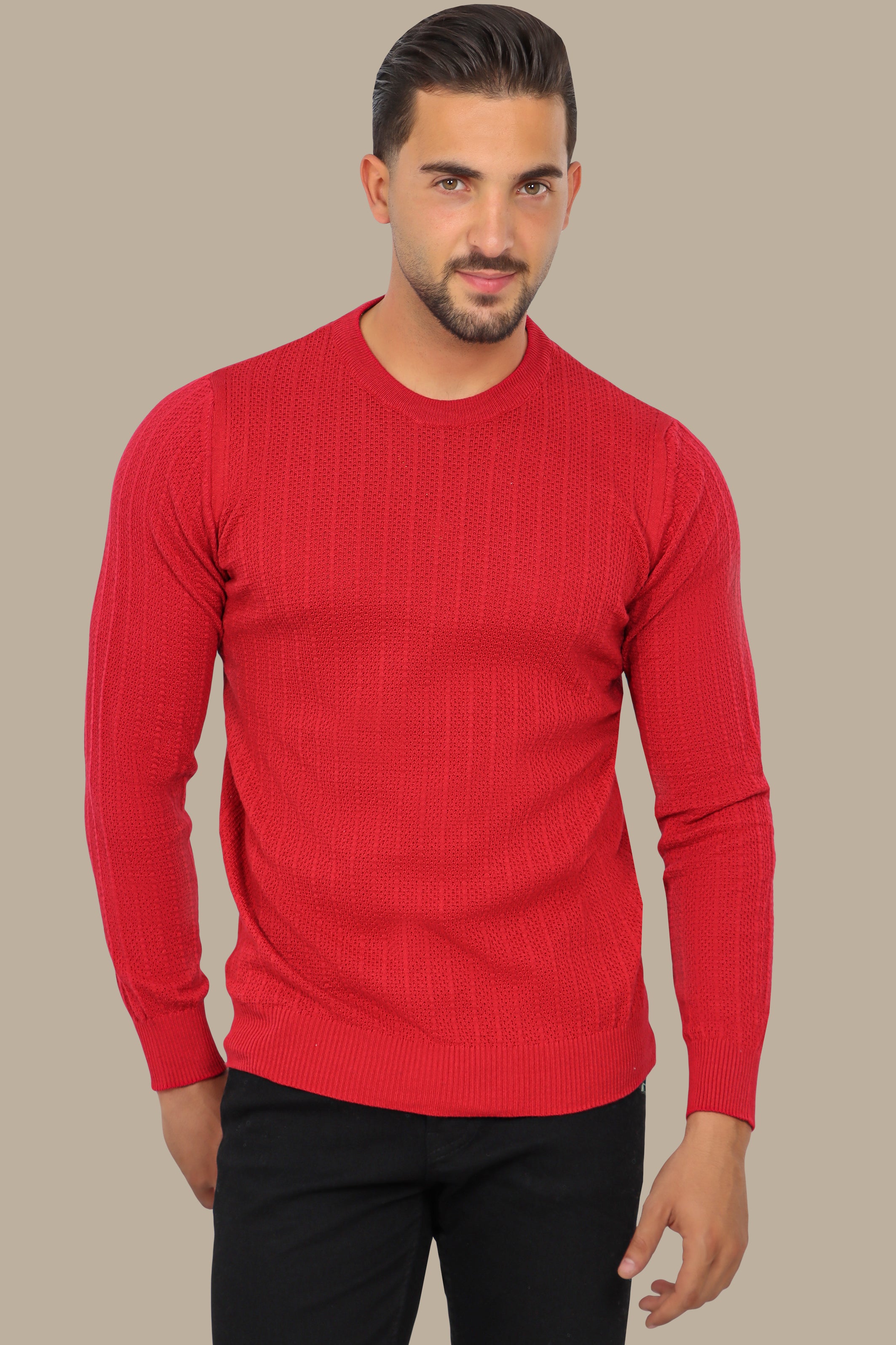 Red Round Neck Striped Sweater